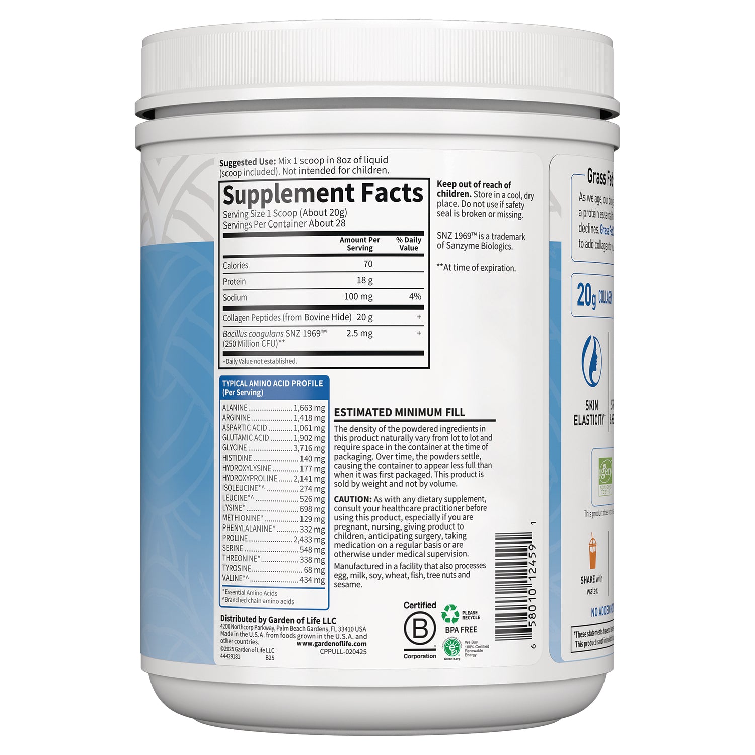 GLF280 | Back label showing Supplement Facts, typical amino acid profile, estimated fill and caution text on white tub
