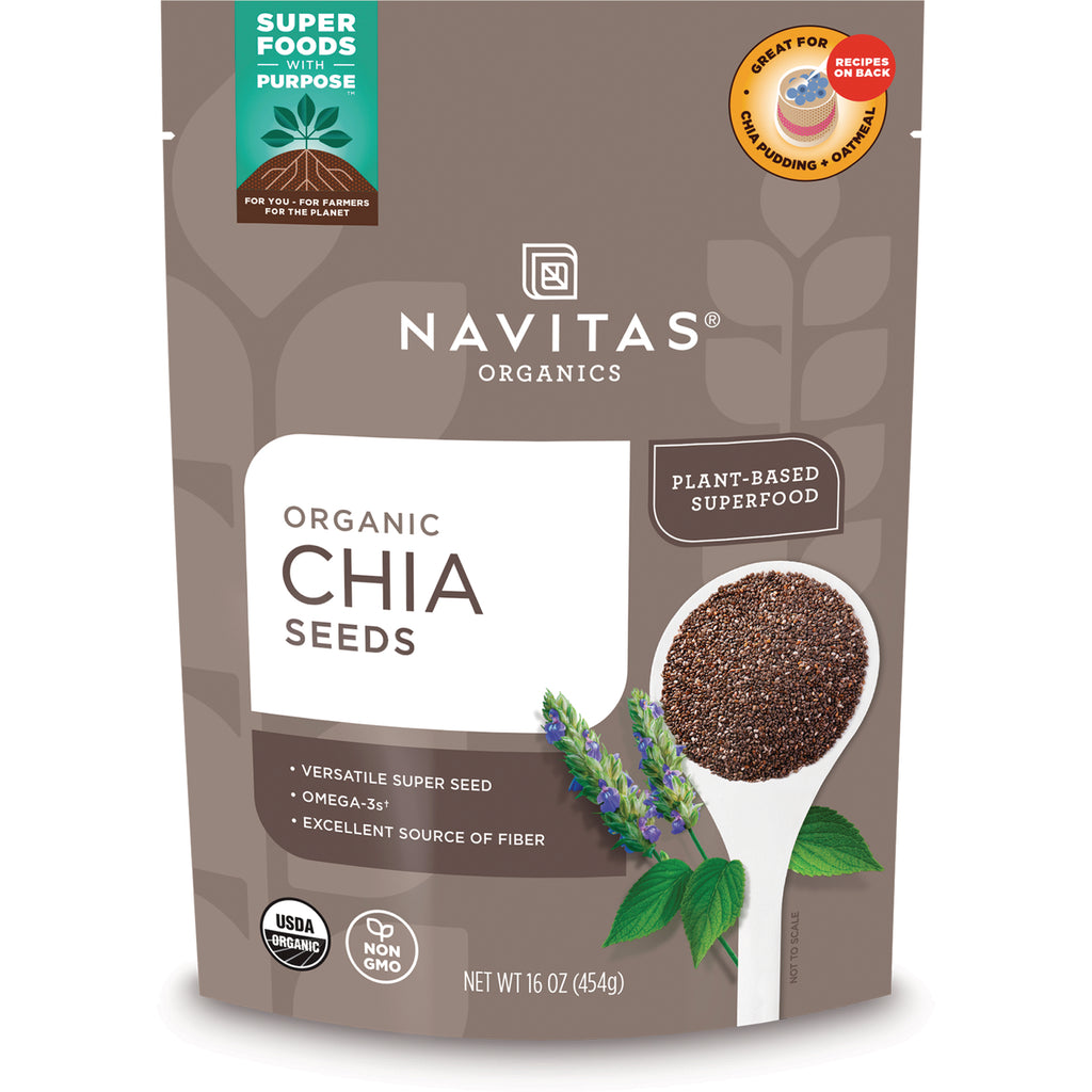 NAV003 | Front pouch of Navitas Organics organic chia seeds package with spoon of seeds and herb sprig, 16 oz - Thumbnail