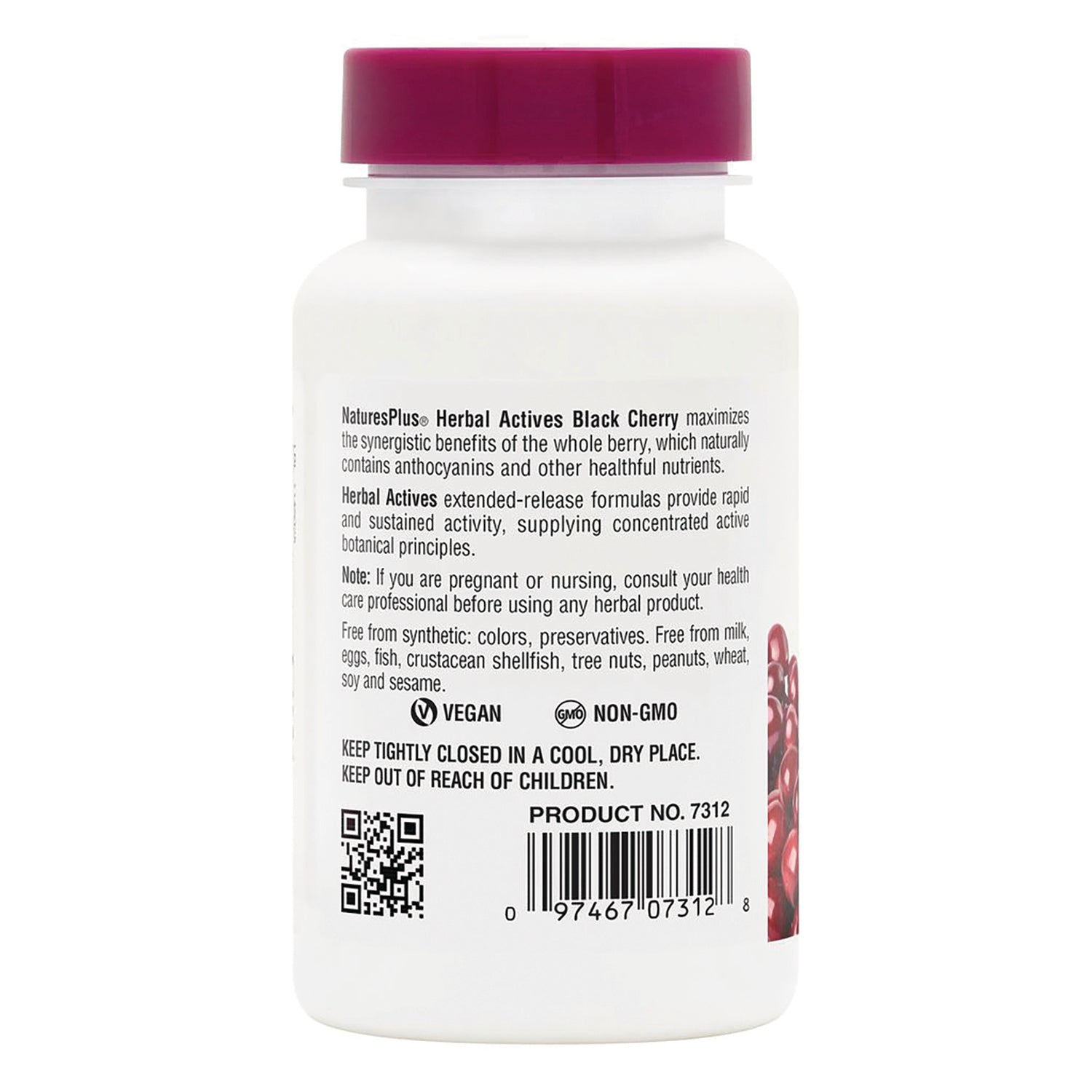 NTP213 | Back label of NaturesPlus Herbal Actives Black Cherry supplement bottle with vegan and non-GMO icons