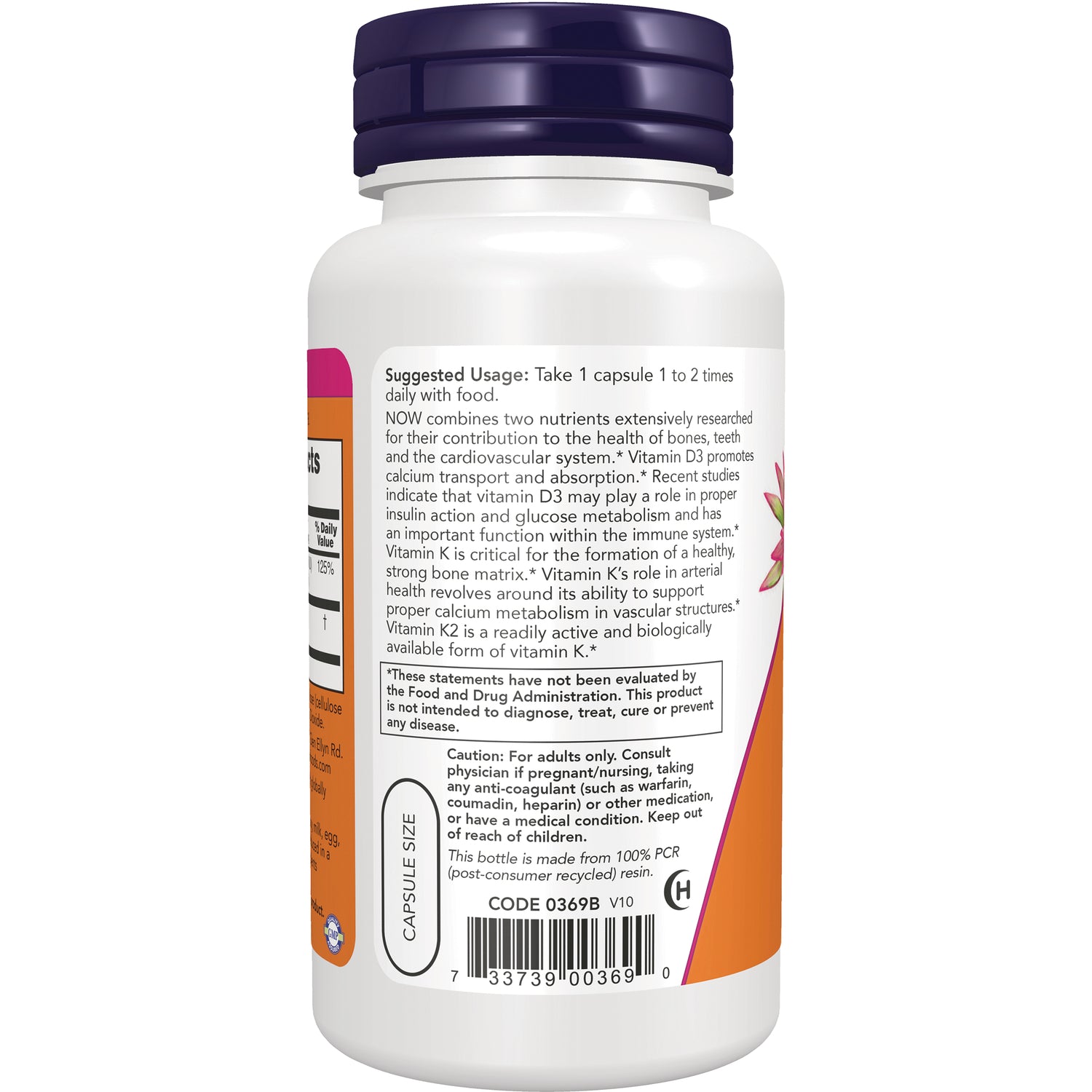 NWF581 | Back label of white supplement bottle showing Suggested Usage, caution, and barcode