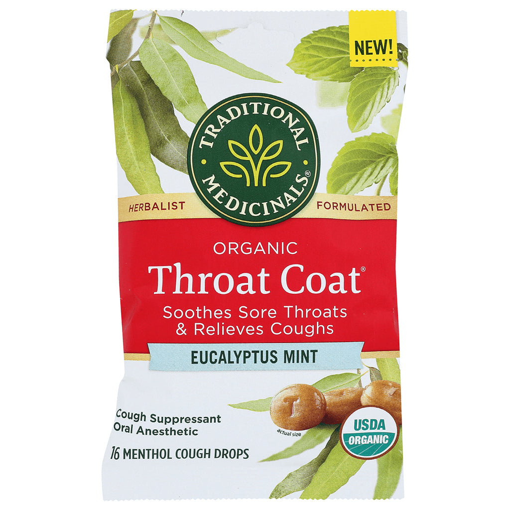 TMD054 | Traditional Medicinals Organic Throat Coat Eucalyptus Mint cough drops, 16 count, USDA Organic - Thumbnail