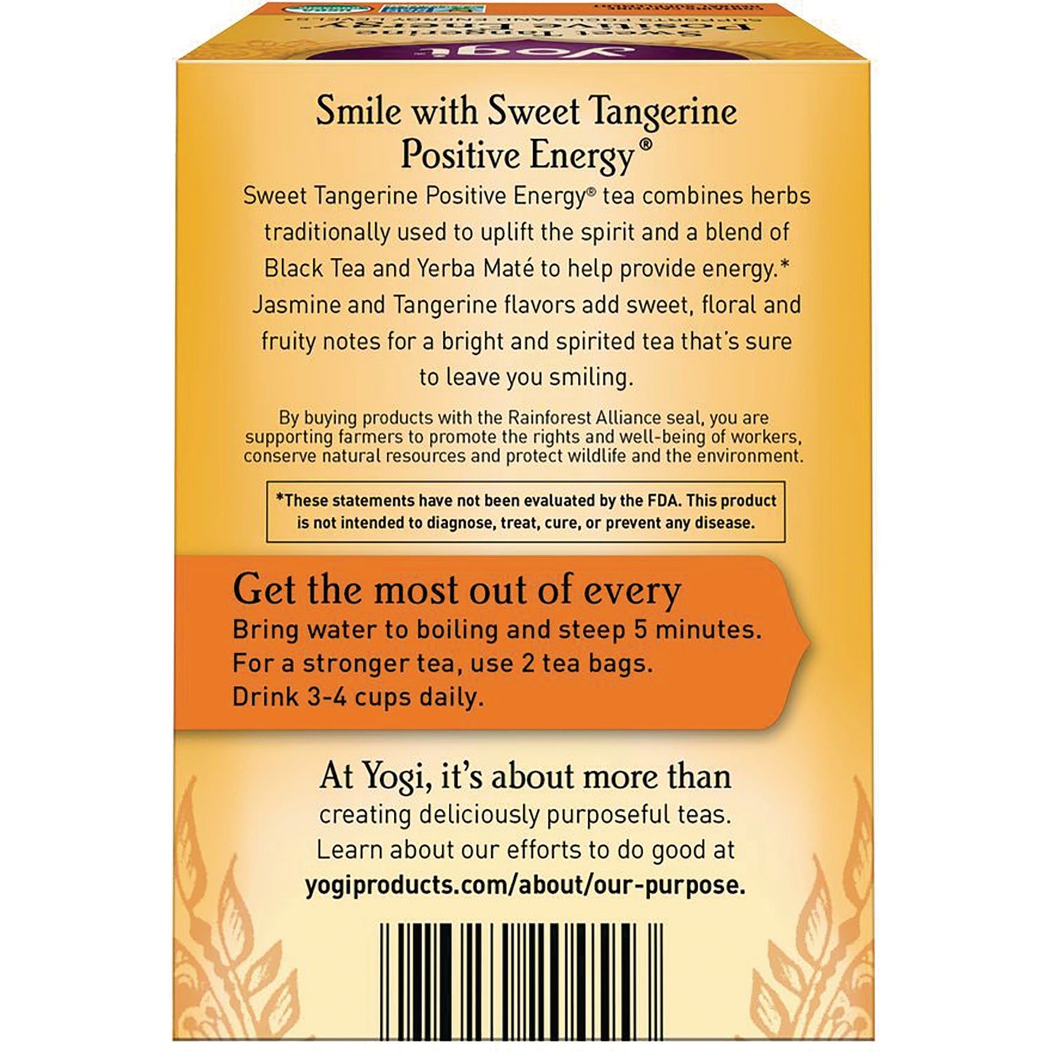 AHW061 | Back of Yogi Sweet Tangerine Positive Energy tea box with description and brewing directions