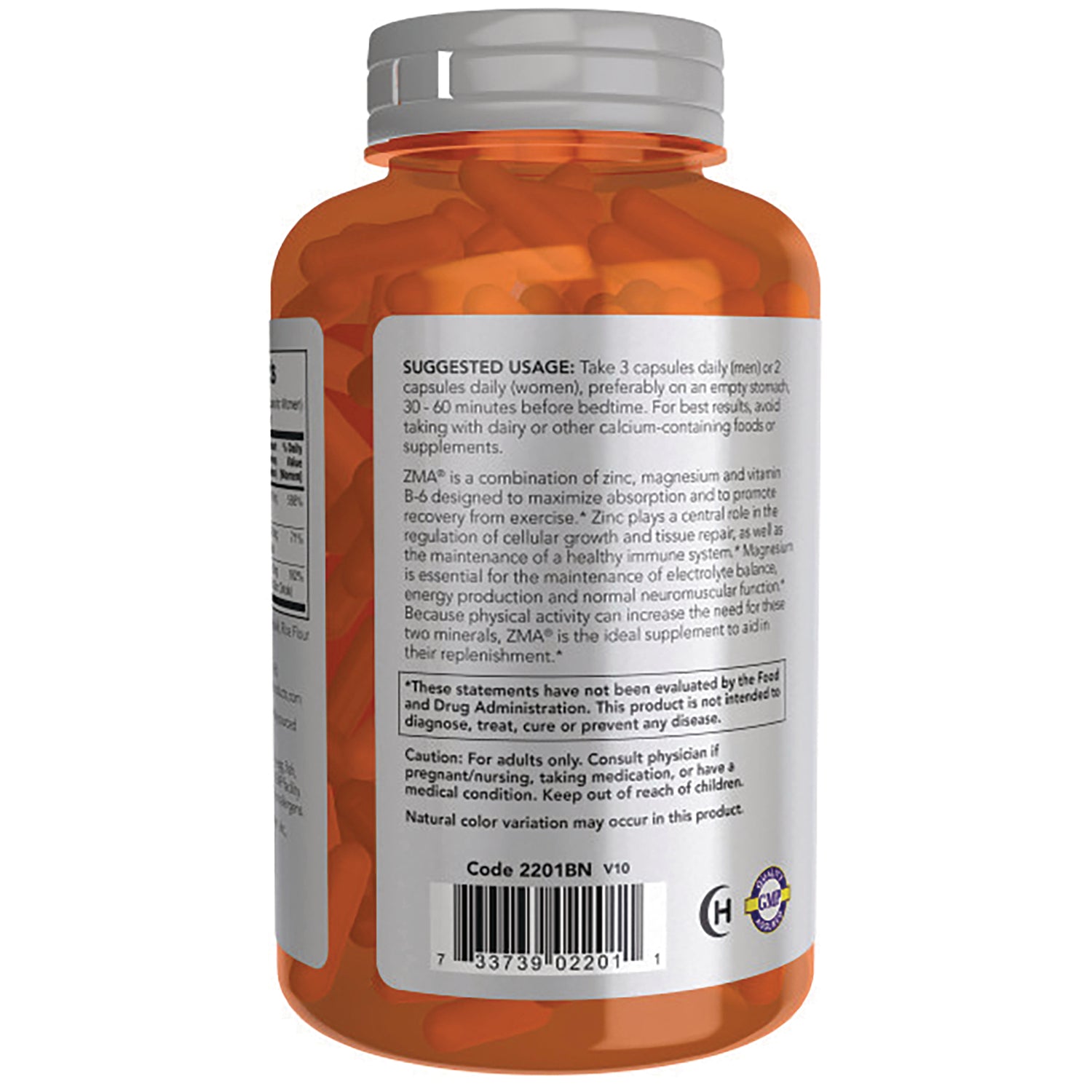 NWF1183 | Back label of orange supplement bottle showing suggested usage, warnings, and barcode