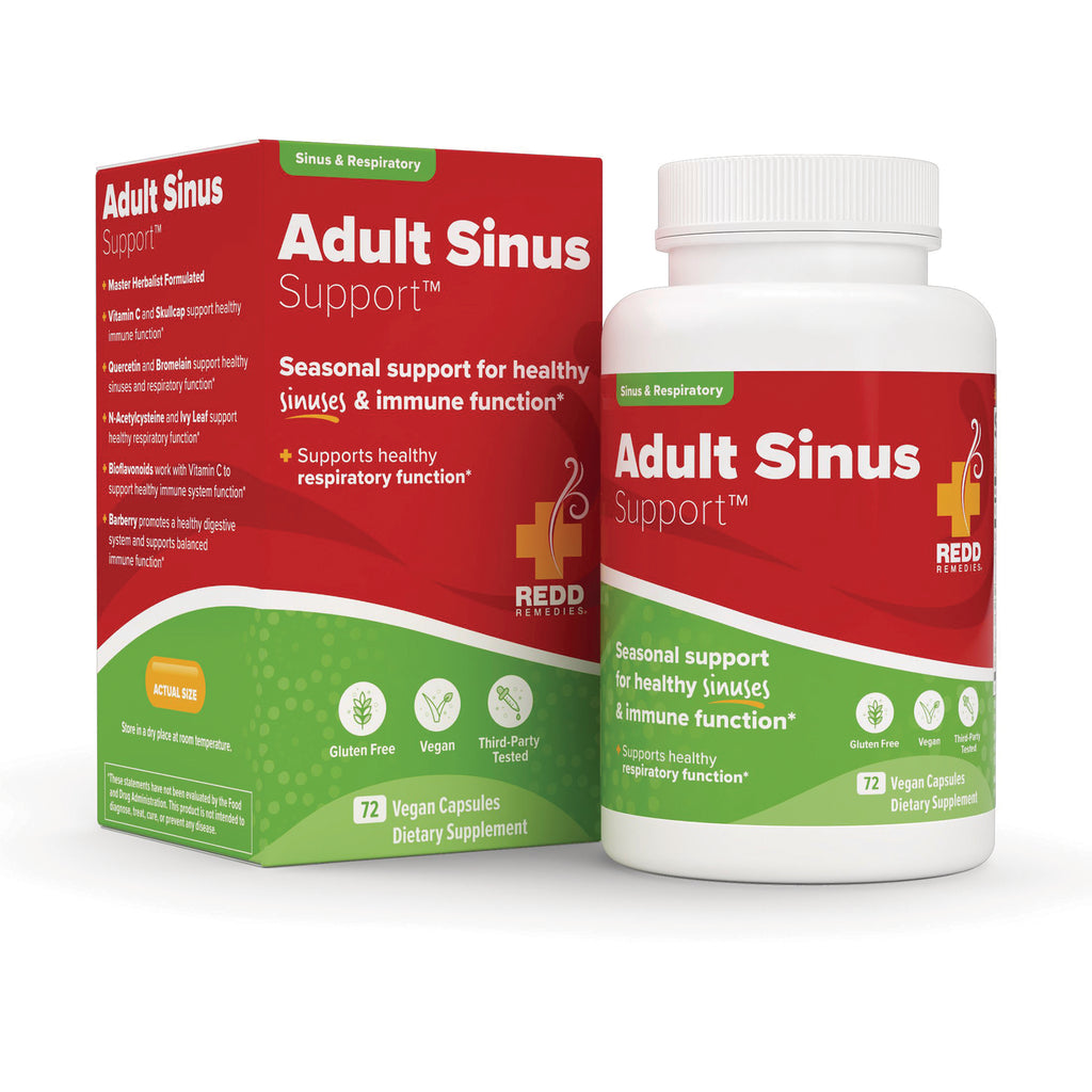 RED001 | Adult Sinus Support supplement bottle and box with red and green packaging, 72 vegan capsules - Thumbnail