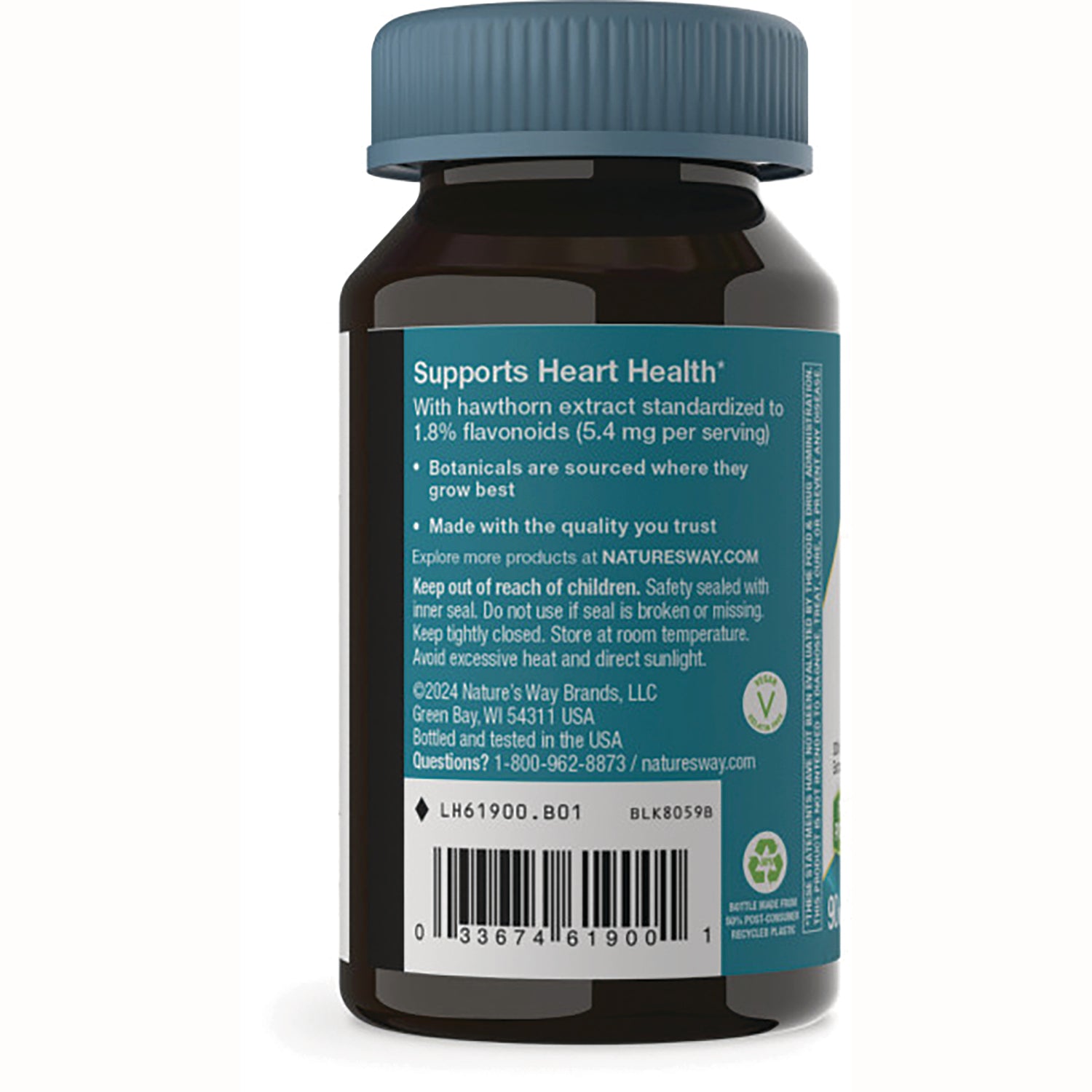 NW526 | Back of brown supplement bottle labeled Supports Heart Health with usage text, barcode, and contact info