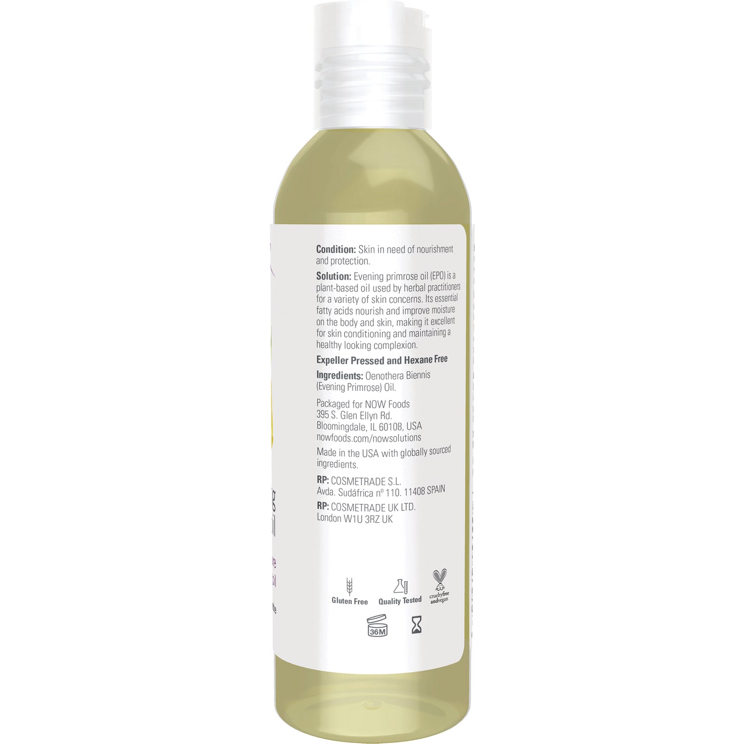 NWF243 | back label of clear bottle showing ingredients, product information, and icons for gluten free and quality tested