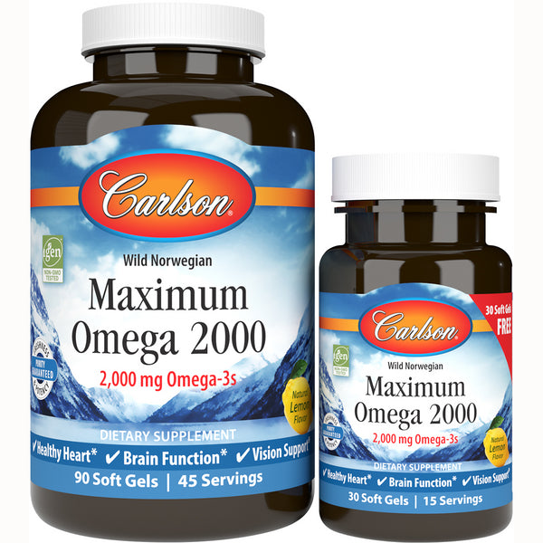 CSN280 | Two Carlson Maximum Omega 2000 supplement bottles, front labels showing 2,000 mg Omega-3s and natural lemon flavor - Thumbnail