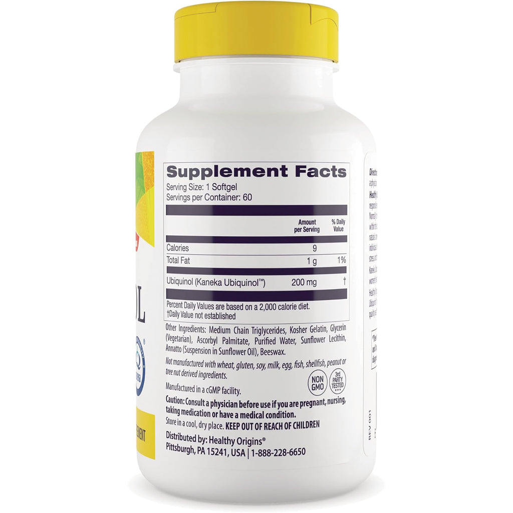 HRG018 | Back of white supplement bottle showing Supplement Facts label listing Ubiquinol 200 mg and ingredients - Thumbnail
