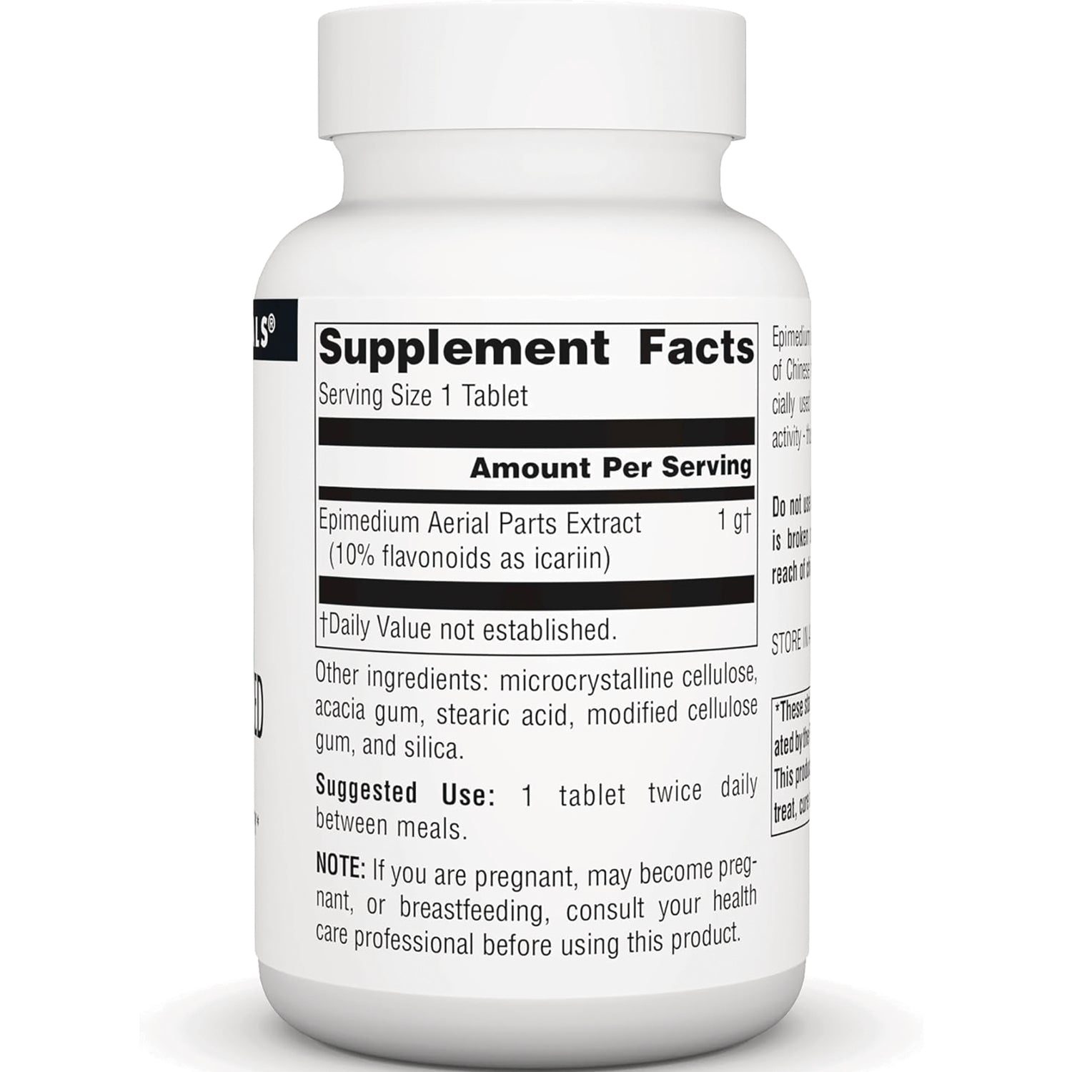 SN689 | Back label with Supplement Facts for Epimedium Aerial Parts Extract, serving size 1 tablet