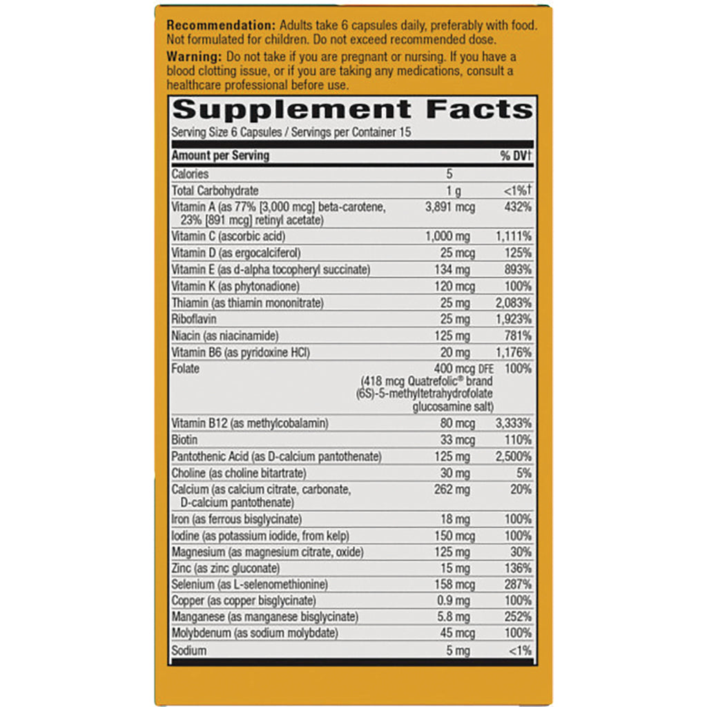 NW684 | supplement facts panel listing serving size 6 capsules and vitamin and mineral amounts - Thumbnail