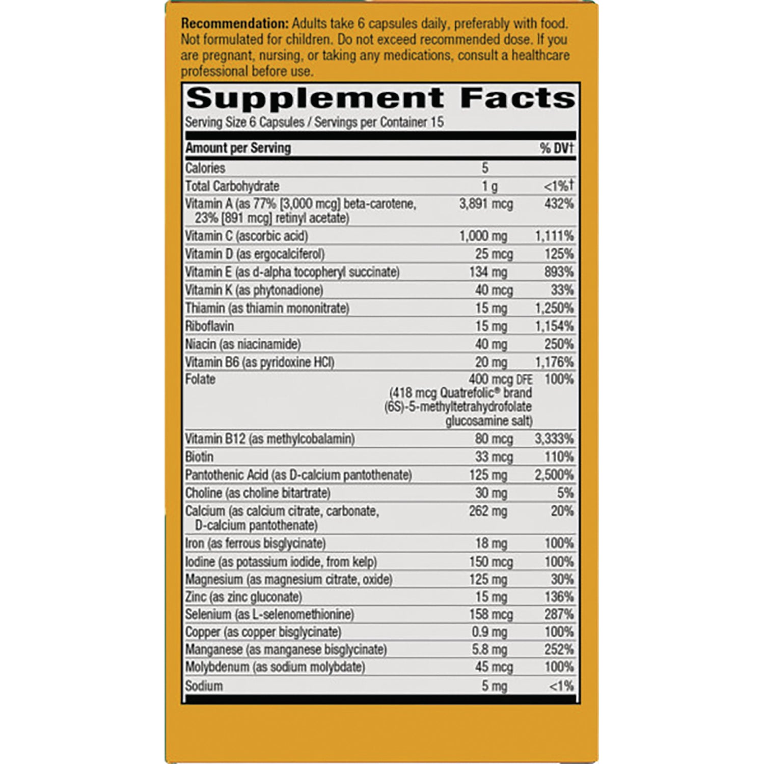 NW684 | supplement facts panel listing serving size 6 capsules and vitamin and mineral amounts