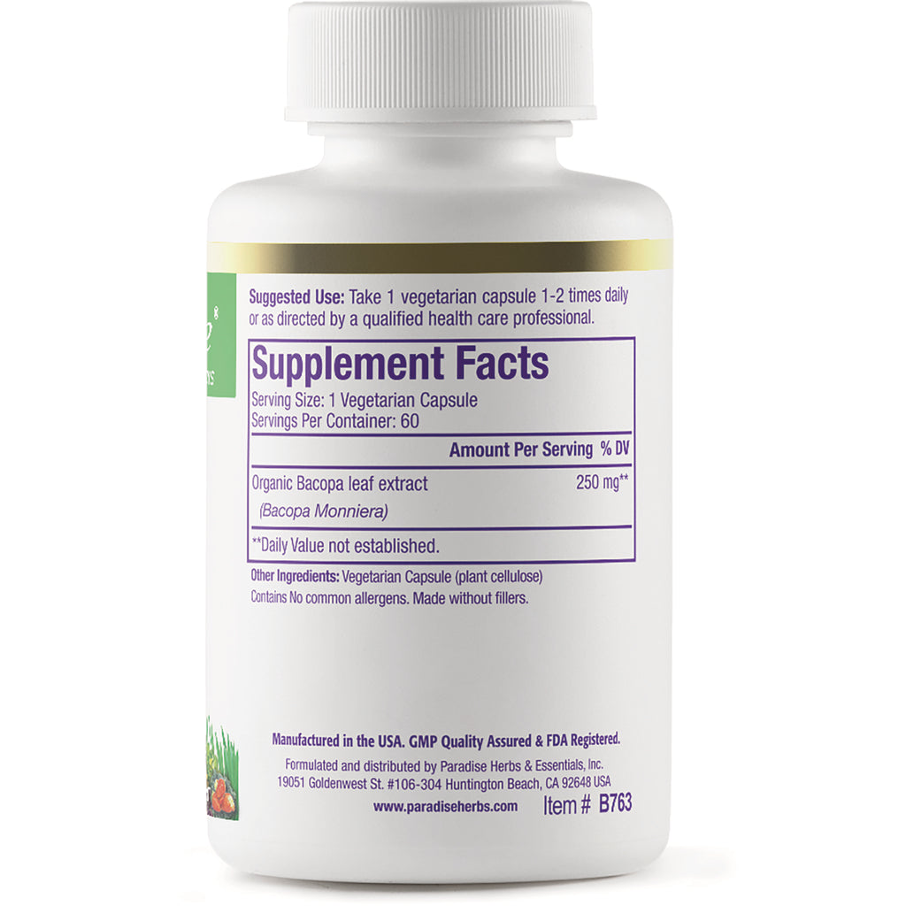 PRH005 | Back of white supplement bottle showing Supplement Facts panel, serving size 1 vegetarian capsule, 250 mg Bacopa leaf extract - Thumbnail