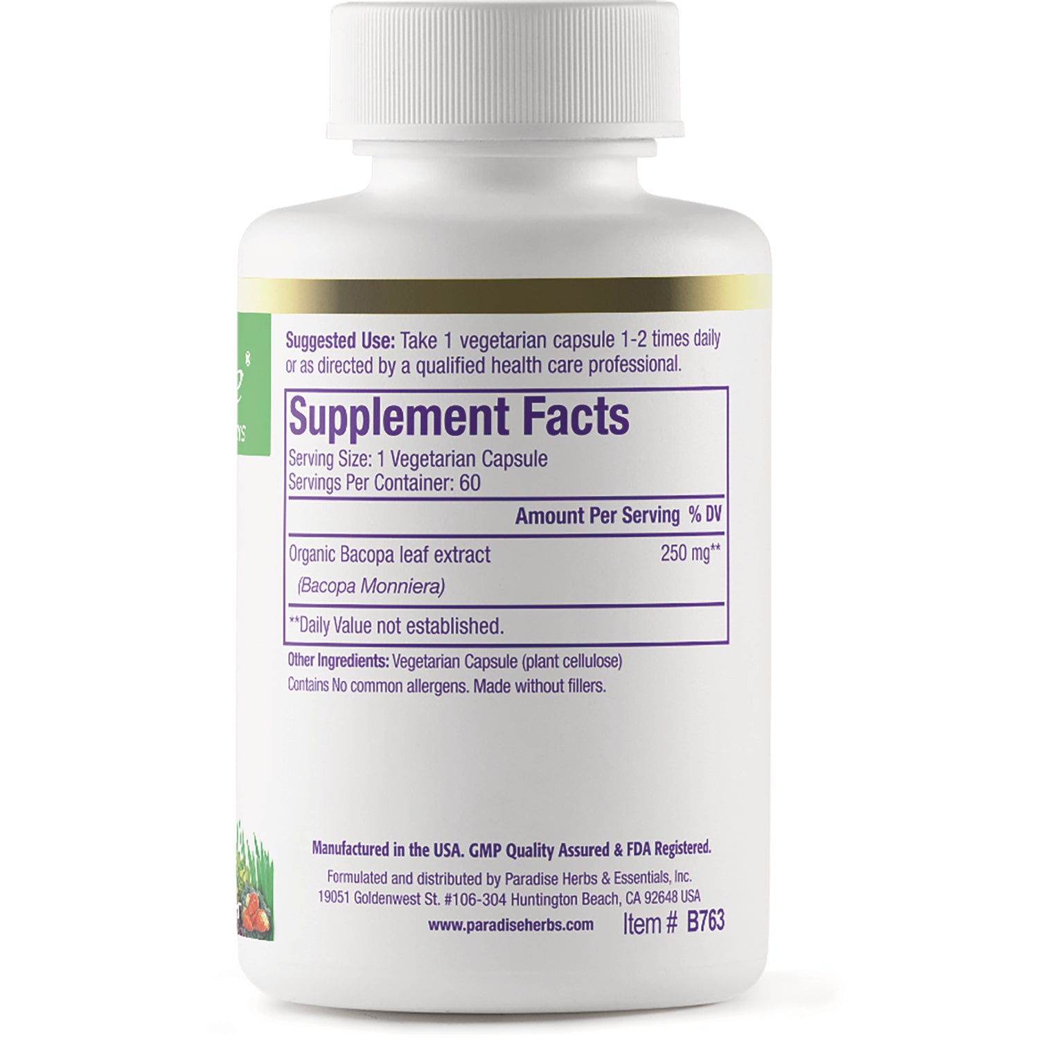 PRH005 | Back of white supplement bottle showing Supplement Facts panel, serving size 1 vegetarian capsule, 250 mg Bacopa leaf extract