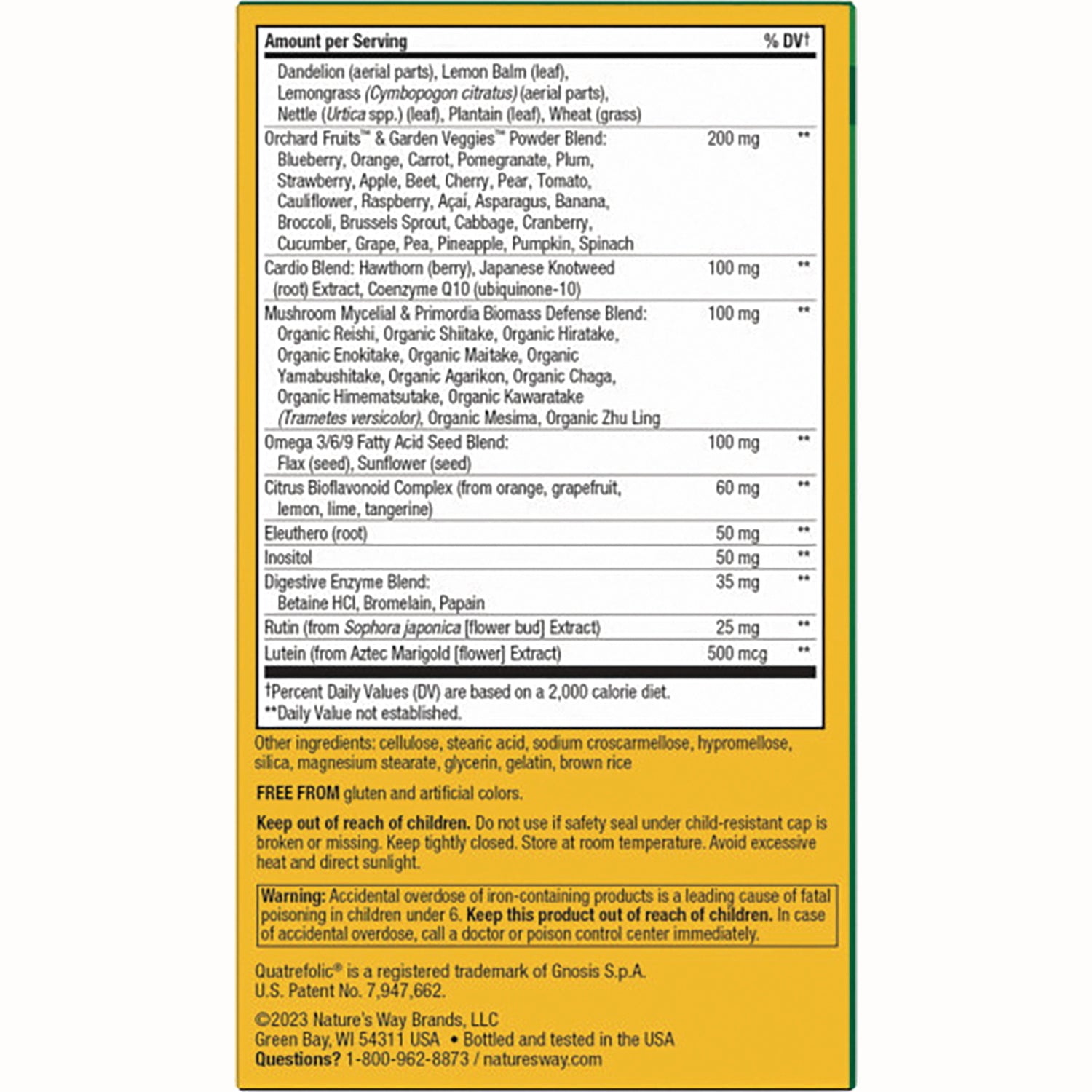 NW578 | Supplement facts panel, ingredient list, warnings and manufacturer information on yellow product back label