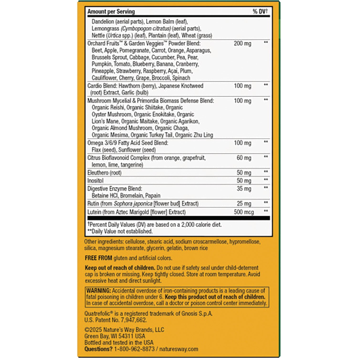 NW578 | Supplement facts panel, ingredient list, warnings and manufacturer information on yellow product back label