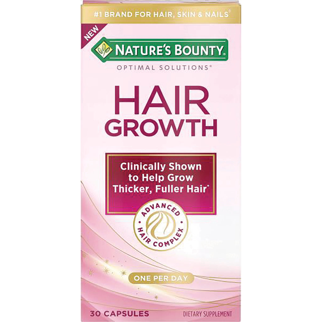 NBY105 | Nature's Bounty Hair Growth supplement front box, pink, reads Clinically Shown to Help Grow Thicker, Fuller Hair and One Per Day - Thumbnail