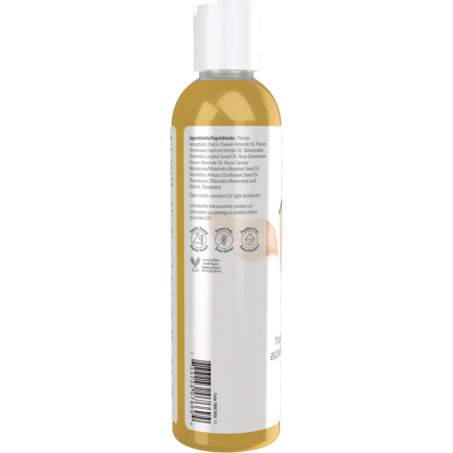 NWF1104 | Back label of clear oil bottle showing ingredients list, certification icons and barcode