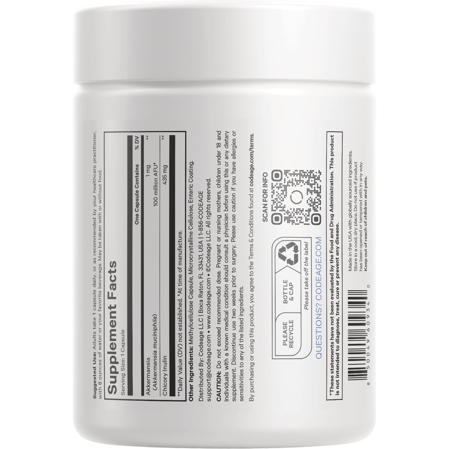 CDG001 | back label of white supplement bottle showing supplement facts panel, QR code, barcode, and recycling symbol