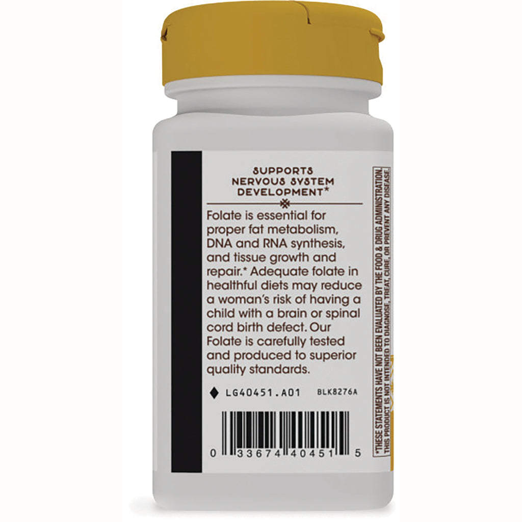 NW934 | Back of white supplement bottle showing folate benefits text, ingredient panel and barcode - Thumbnail
