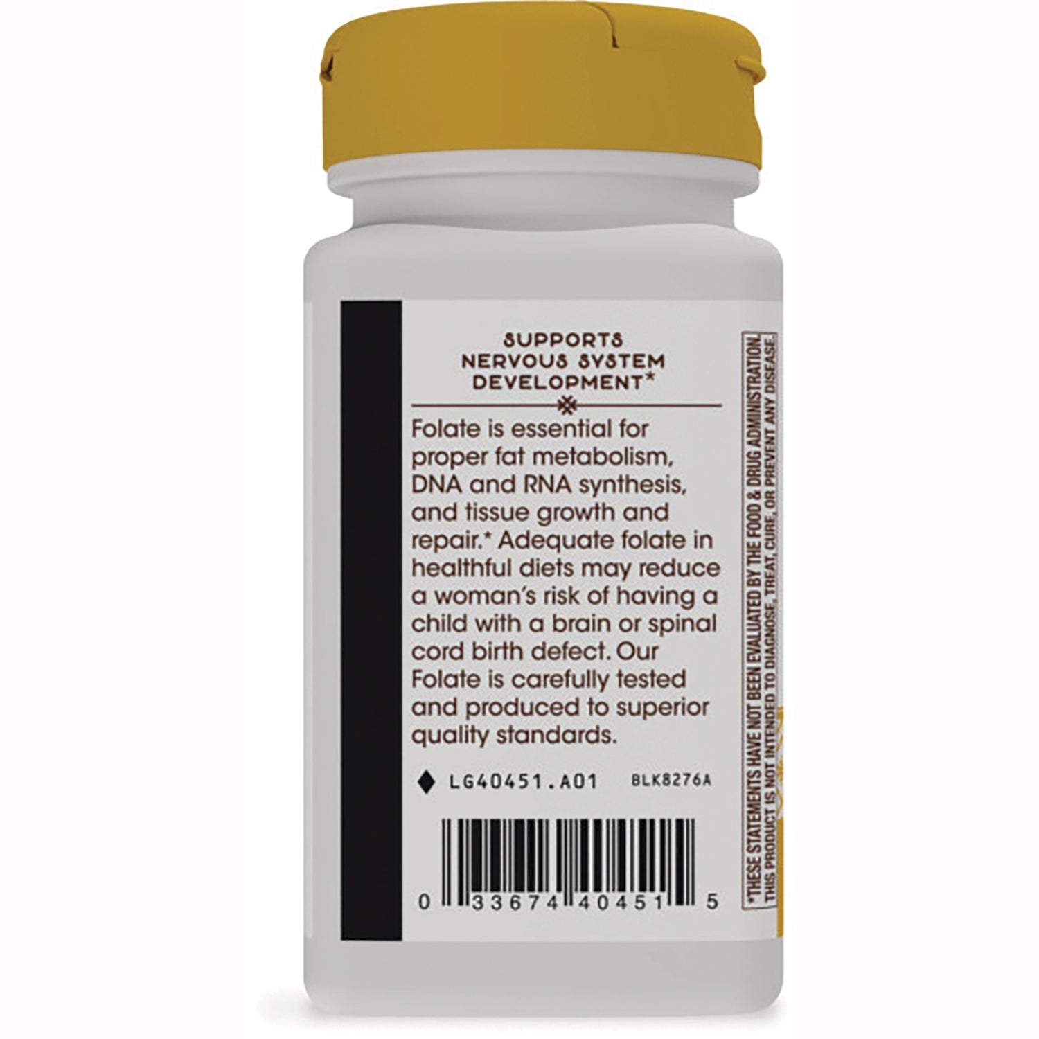 NW934 | Back of white supplement bottle showing folate benefits text, ingredient panel and barcode