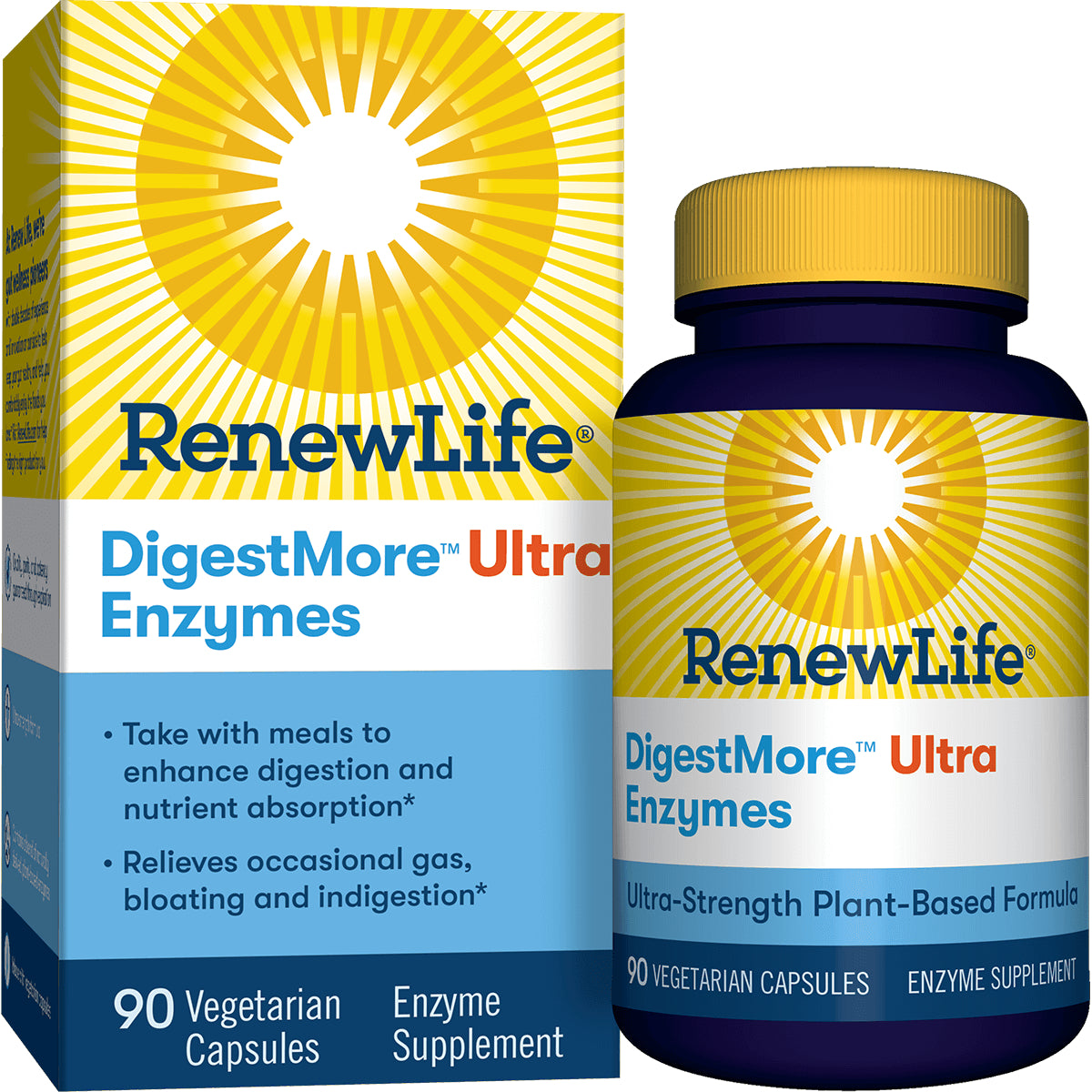 RNL227 | RenewLife DigestMore Ultra Enzymes bottle and box showing 90 vegetarian capsules label