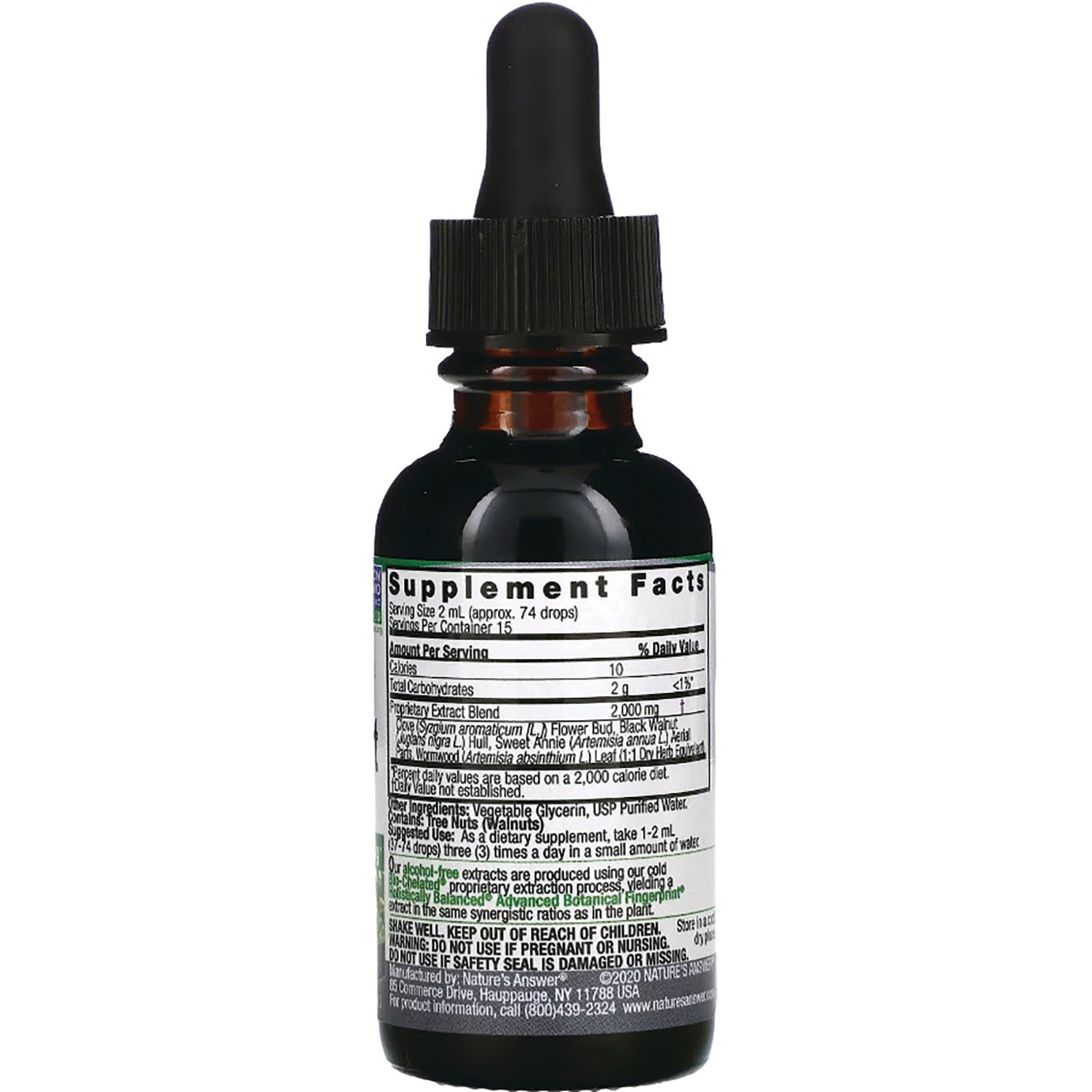 NAT011 | Back of amber dropper bottle showing Supplement Facts panel and ingredient label