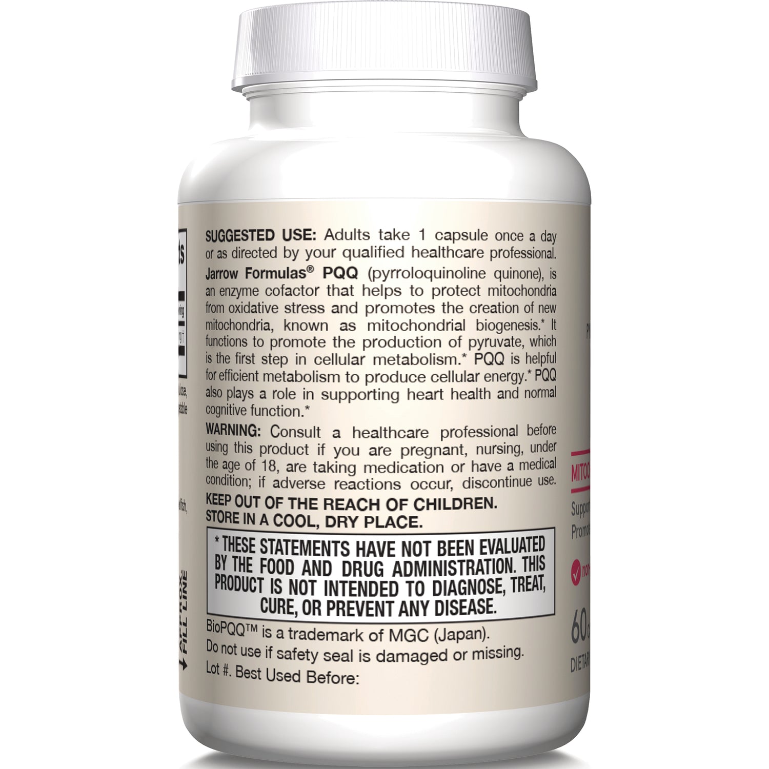 JR358 | back label of supplement bottle showing suggested use, warnings, and FDA disclaimer