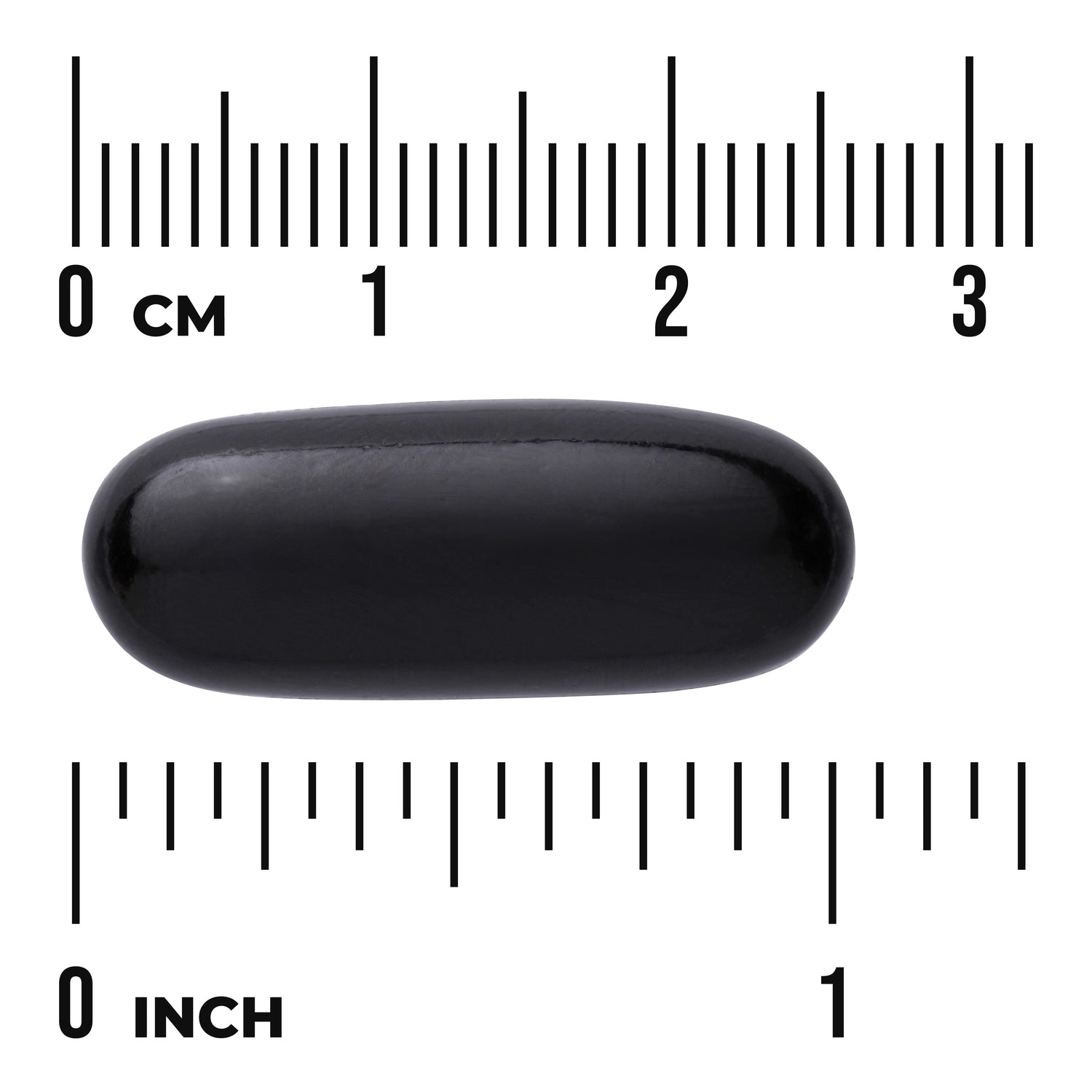 SW837 | Black softgel capsule shown with size scale in inches and centimeters