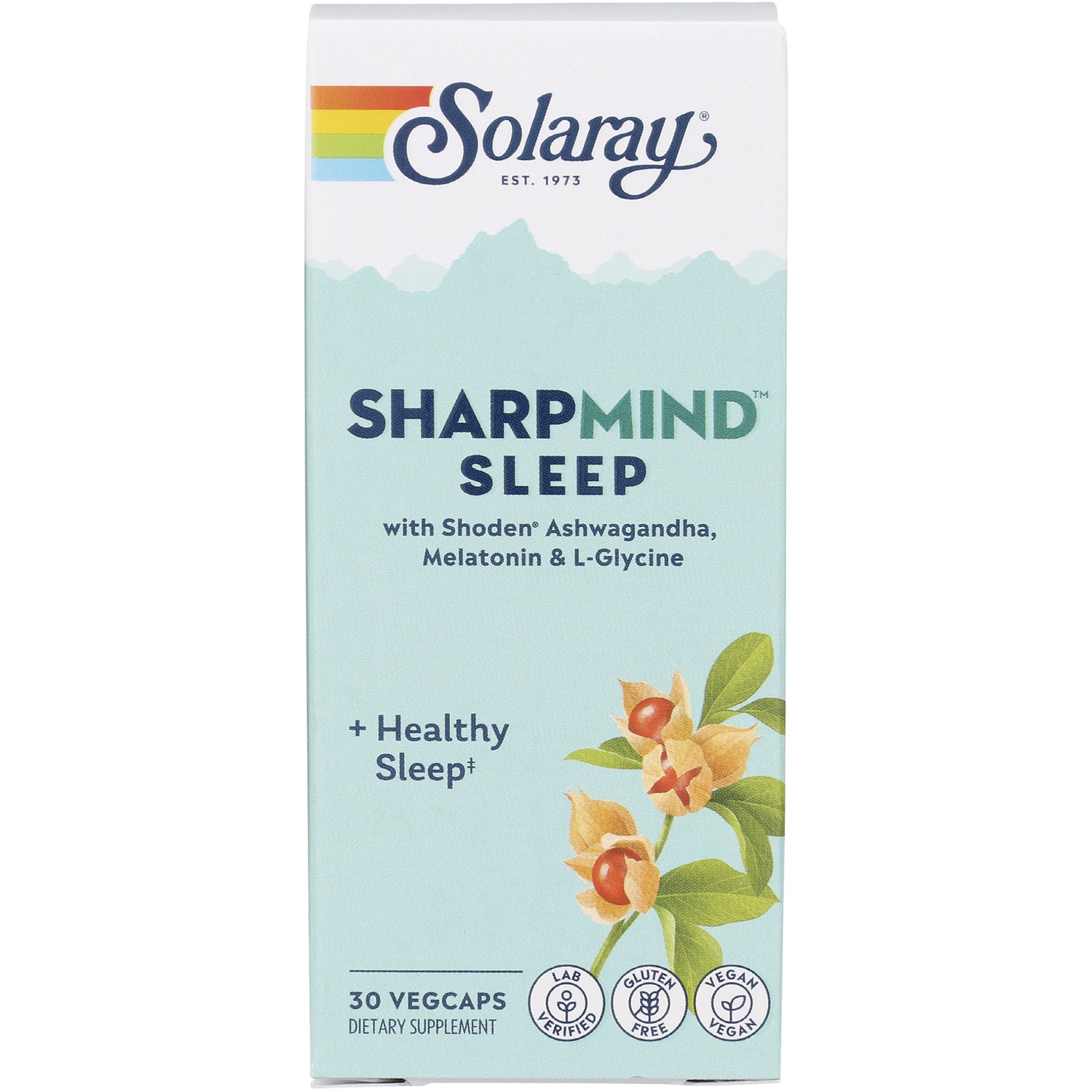 SLR488 | Solaray SHARPMIND SLEEP front of box showing product name and text with Shoden Ashwagandha, melatonin and L-Glycine, 30 vegcaps