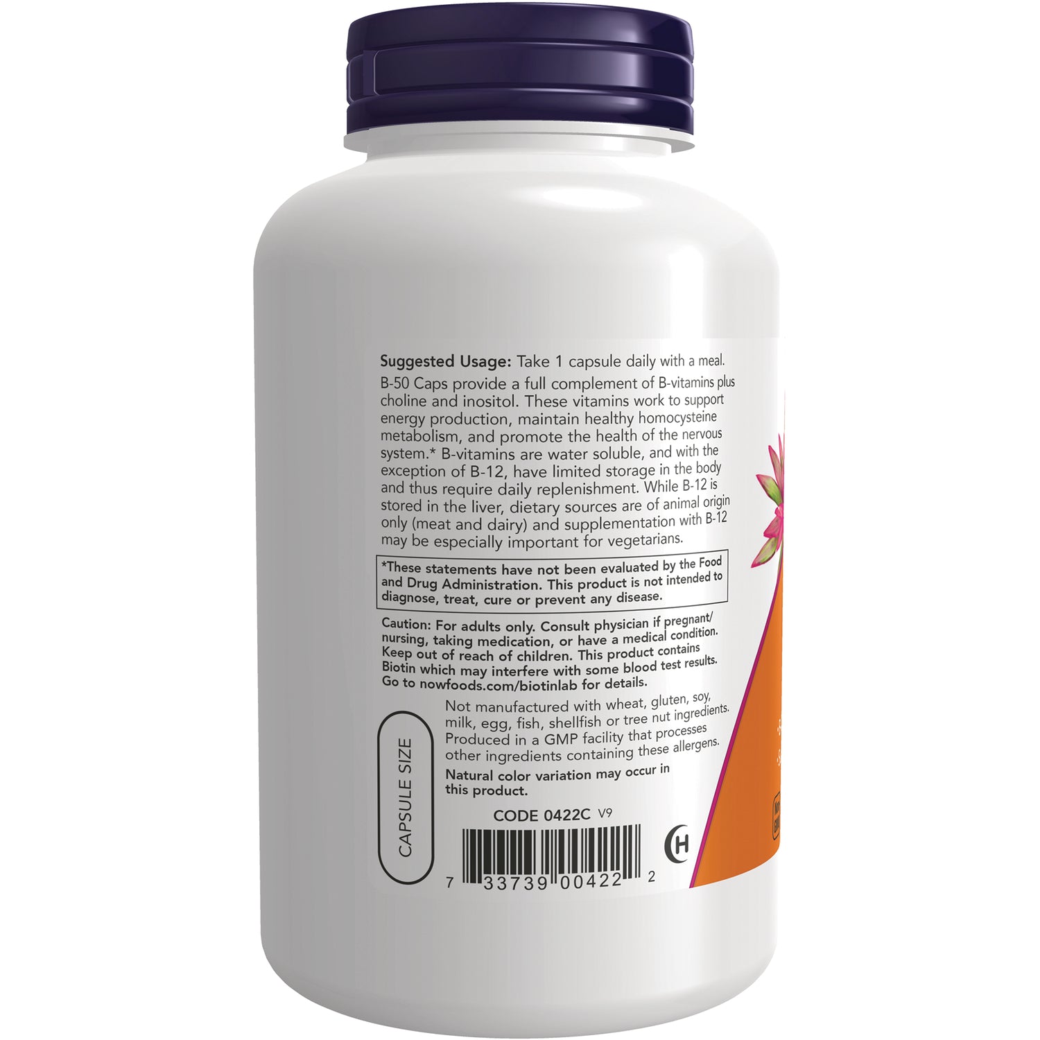 NWF1339 | Back label of white supplement bottle showing suggested usage, warnings, and barcode