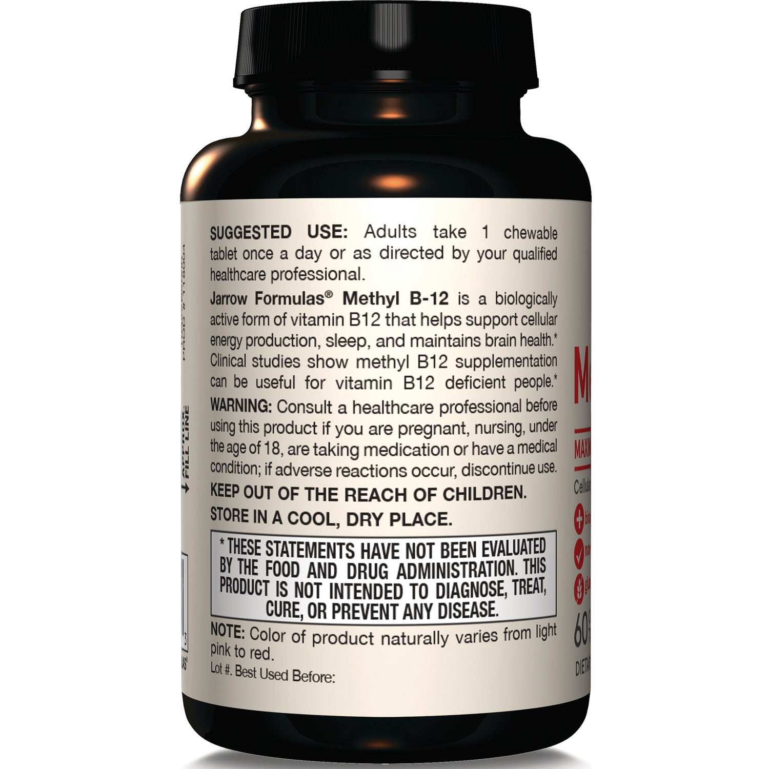 JR030 | Back label of supplement bottle with suggested use, warning, FDA disclaimer and storage instructions