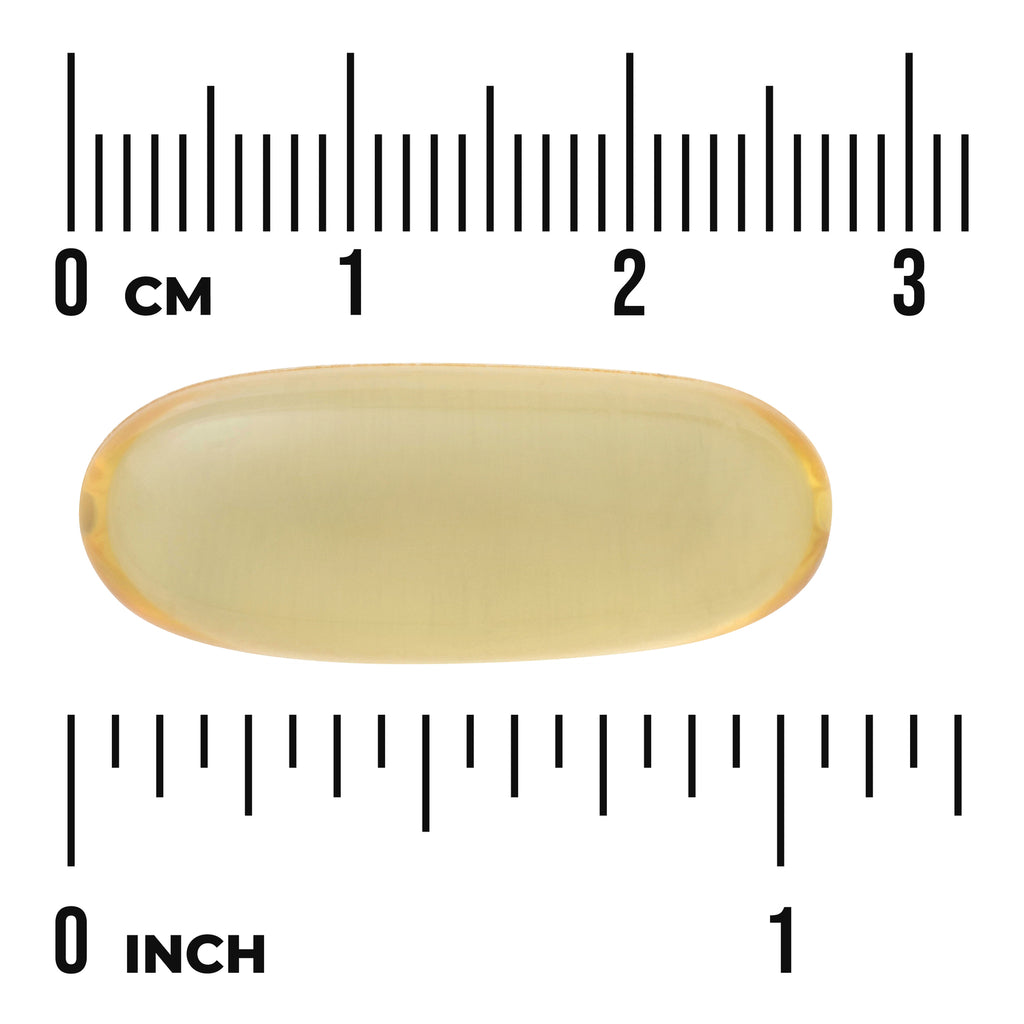 SWE062 | Yellow softgel shown with cm and inch rulers for size - Thumbnail