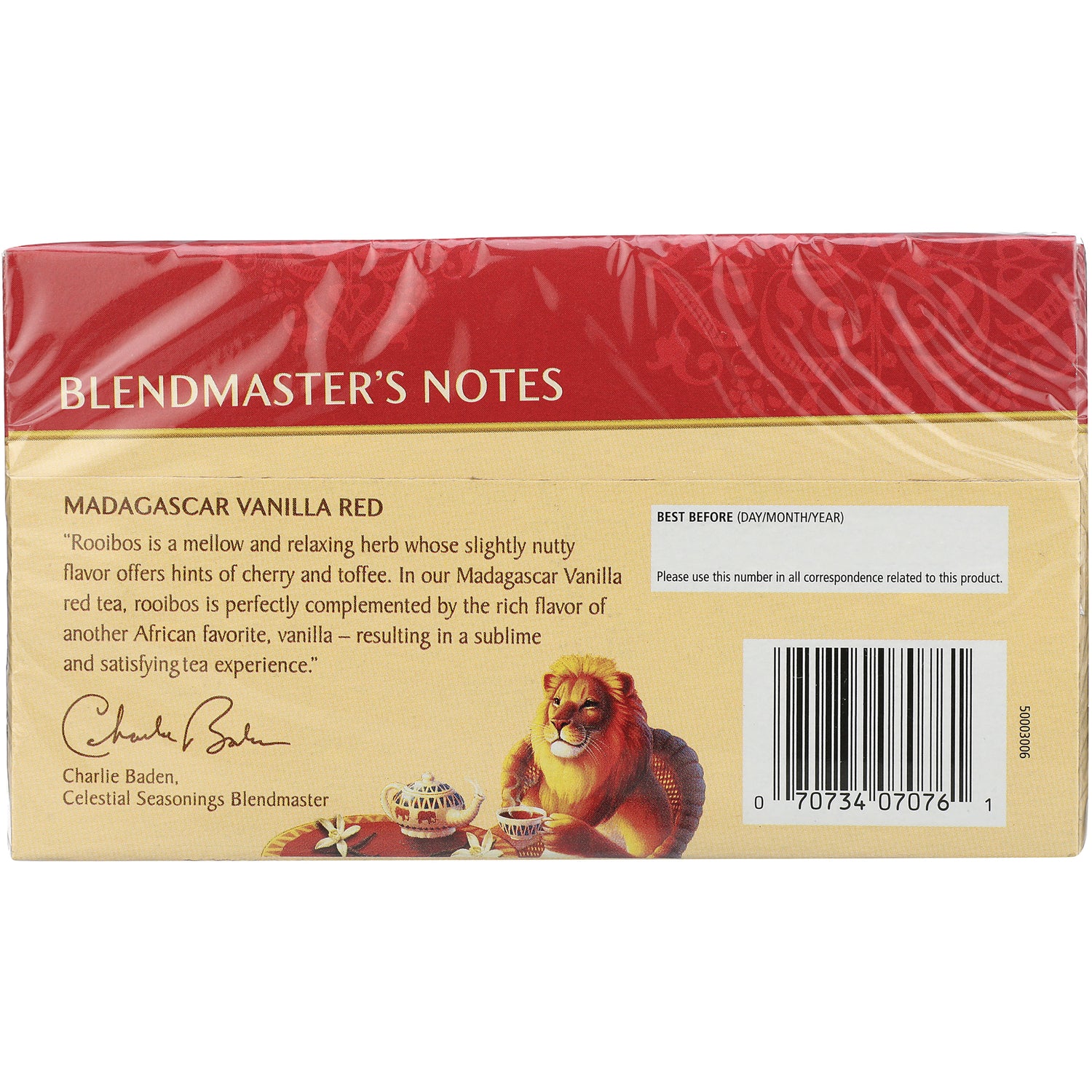 CEL005 | back panel infographic for Madagascar Vanilla Red tea showing Blendmaster's Notes, tasting description, lion illustration and barcode
