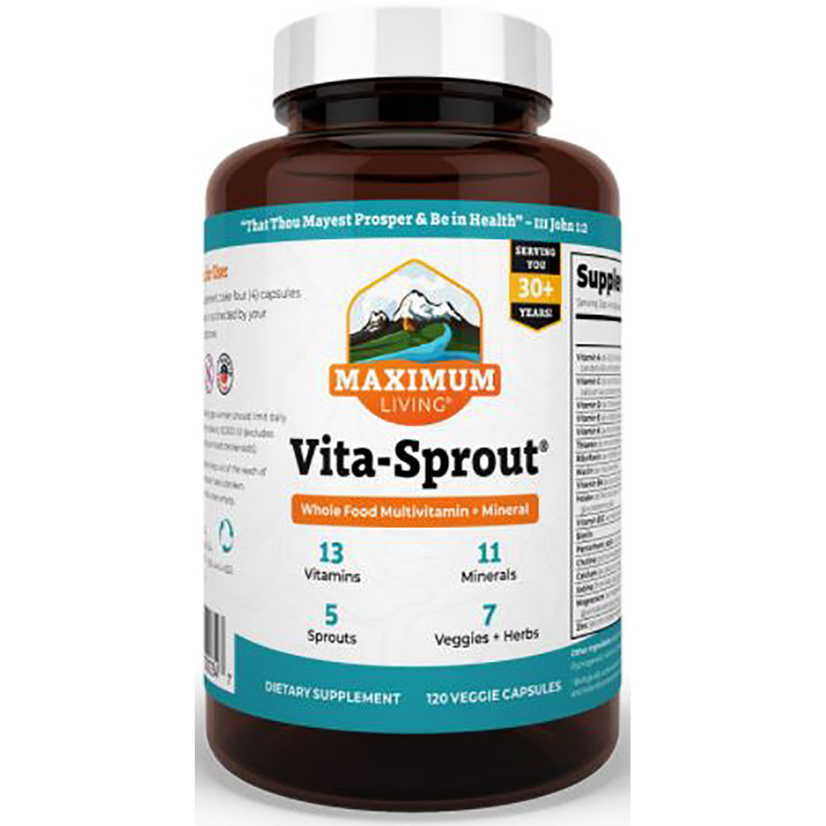 MK032 | Maximum Living Vita-Sprout whole food multivitamin bottle showing label and 120 veggie capsules
