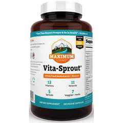 MK032 | Maximum Living Vita-Sprout whole food multivitamin bottle showing label and 120 veggie capsules