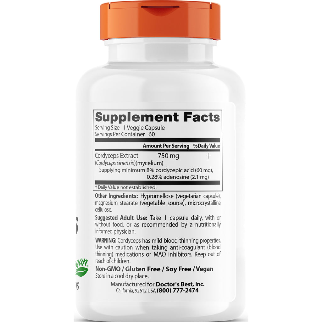 DB120 | Back label showing Supplement Facts panel with Cordyceps extract 750 mg, other ingredients, suggested use and warnings - Thumbnail