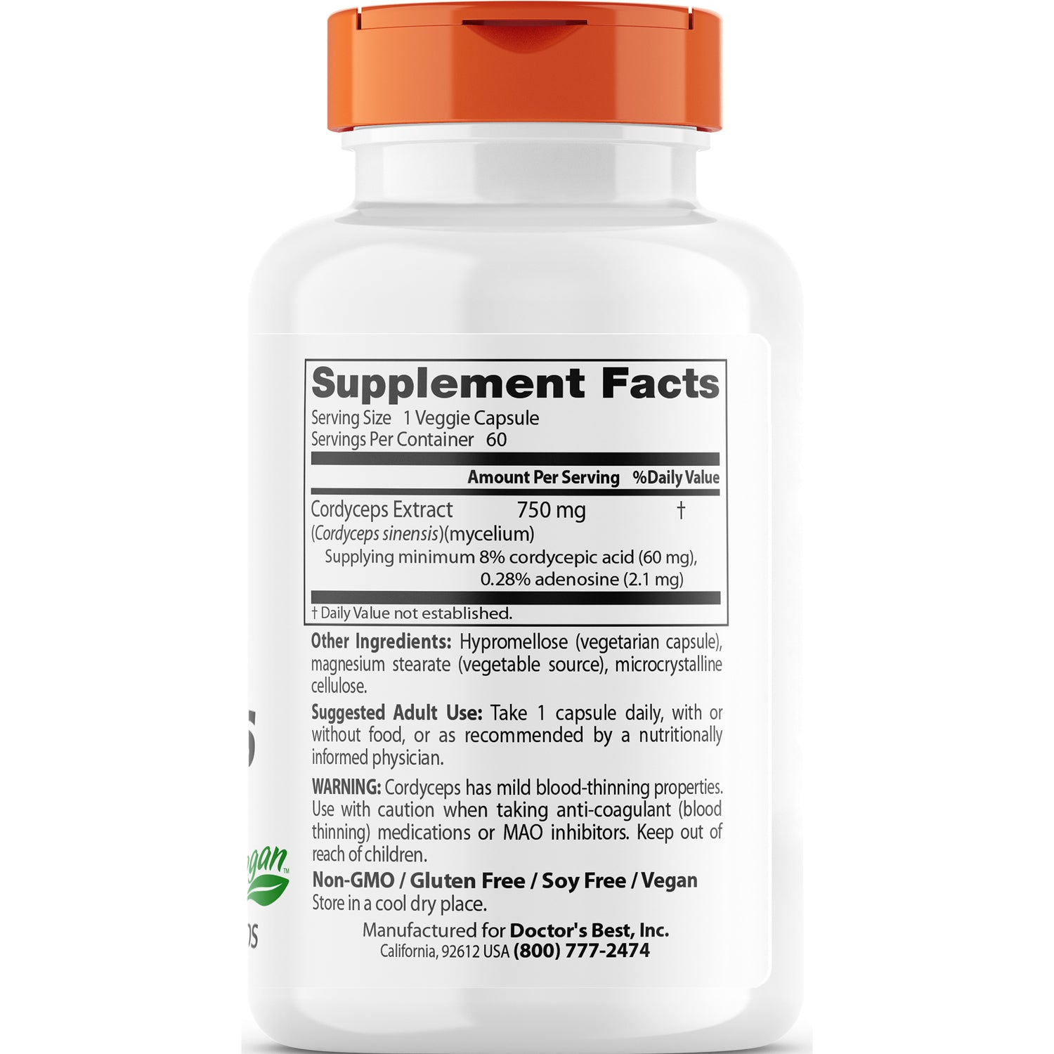 DB120 | Back label showing Supplement Facts panel with Cordyceps extract 750 mg, other ingredients, suggested use and warnings