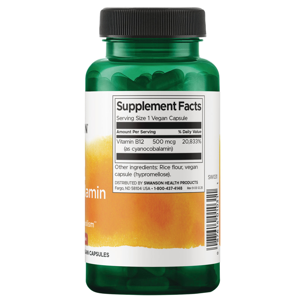 SW031 | Back label with Supplement Facts: Serving Size 1 vegan capsule; Vitamin B12 500 mcg; ingredients and distributor info - Thumbnail