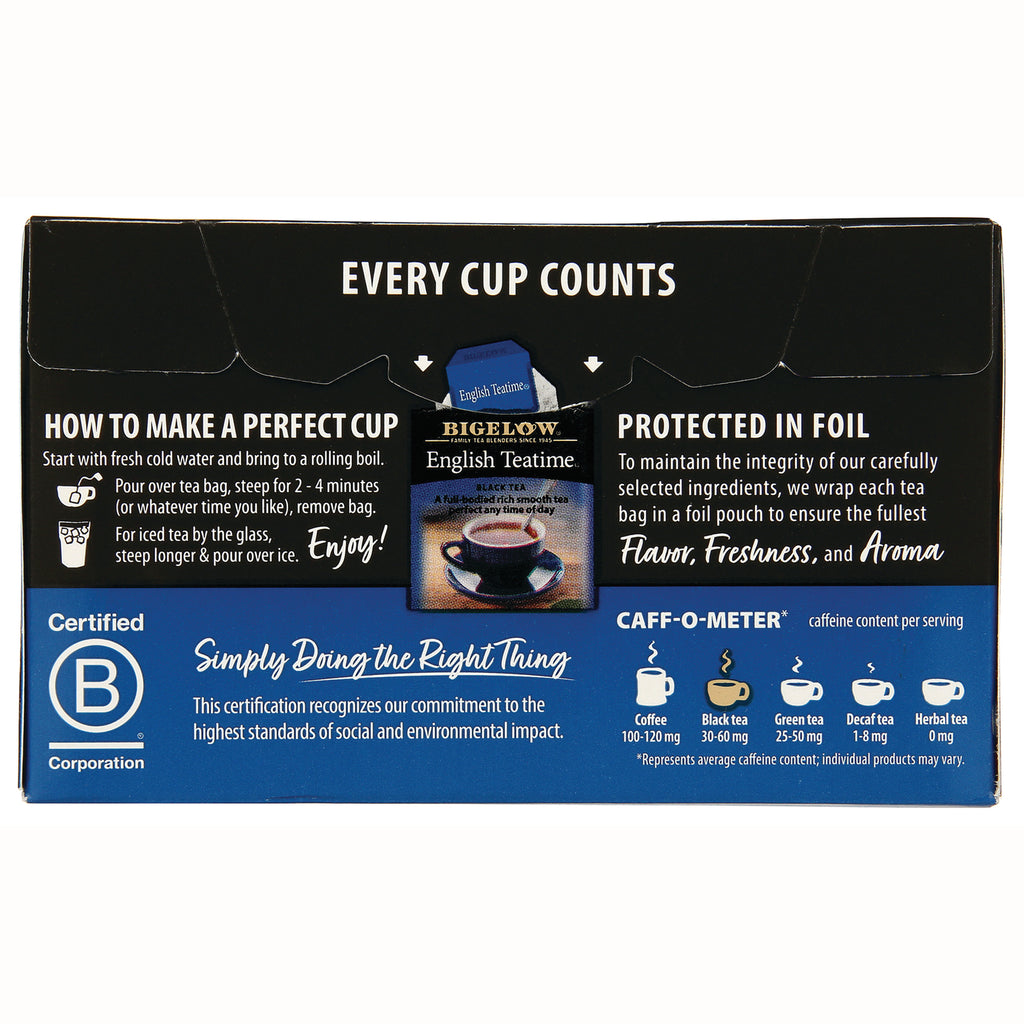 BGT015 | Back of Bigelow English Teatime box with brewing instructions, foil protection, caff-o-meter, B Corp badge - Thumbnail