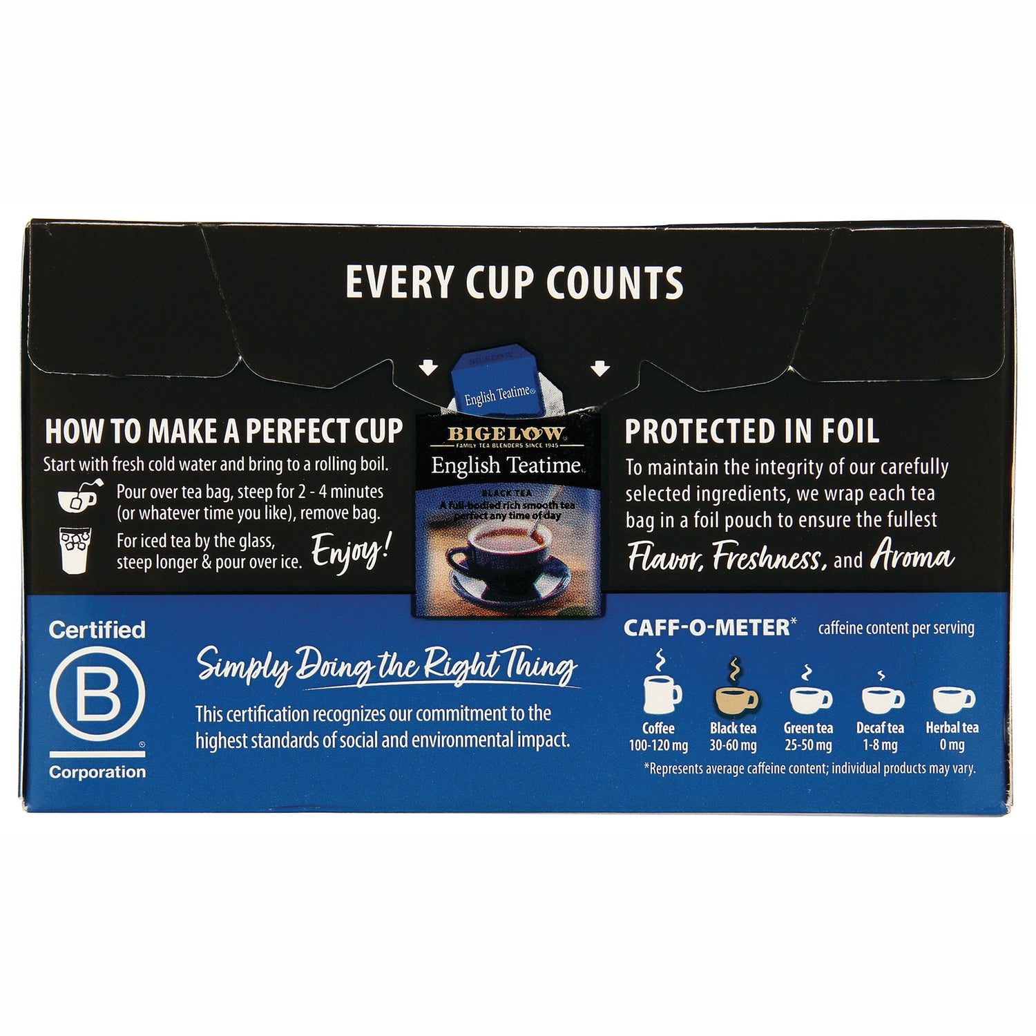 BGT015 | Back of Bigelow English Teatime box with brewing instructions, foil protection, caff-o-meter, B Corp badge