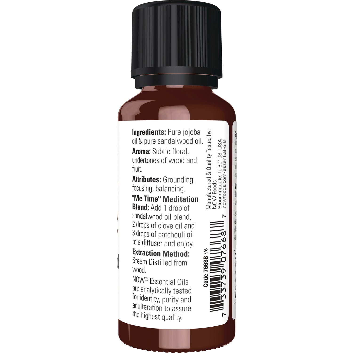 NWF1137 | Back label showing ingredients, Me Time Meditation Blend directions, extraction method and barcode