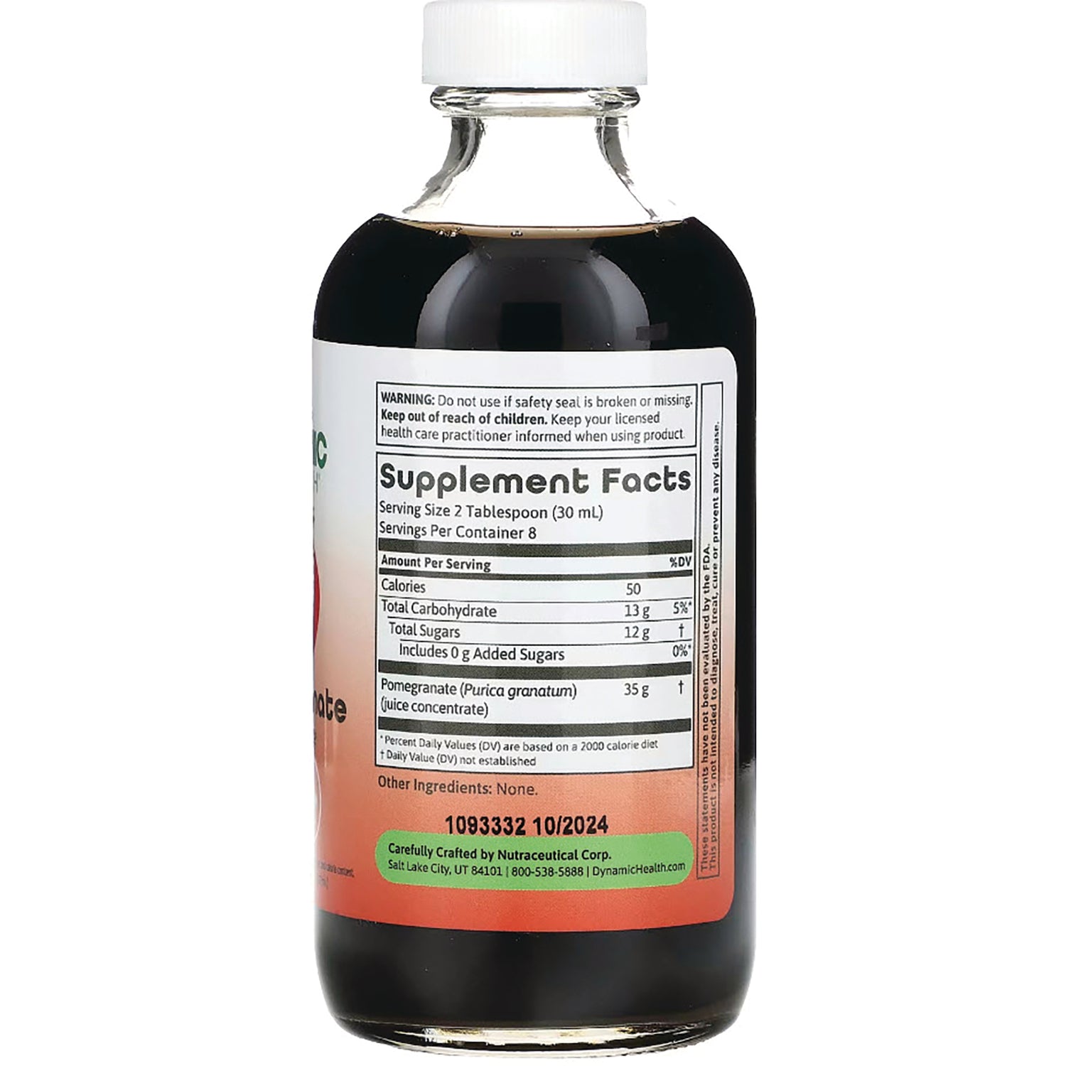 DYH019 | Back of dark glass bottle showing Supplement Facts label with serving size, pomegranate ingredient and lot 1093332 10/2024