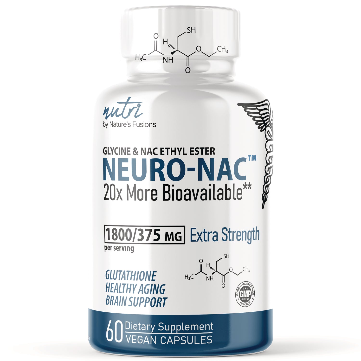 NFU008 | NEURO-NAC extra strength dietary supplement bottle showing 1800/375 MG, 60 vegan capsules, glutathione brain support