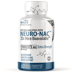 NFU008 | NEURO-NAC extra strength dietary supplement bottle showing 1800/375 MG, 60 vegan capsules, glutathione brain support