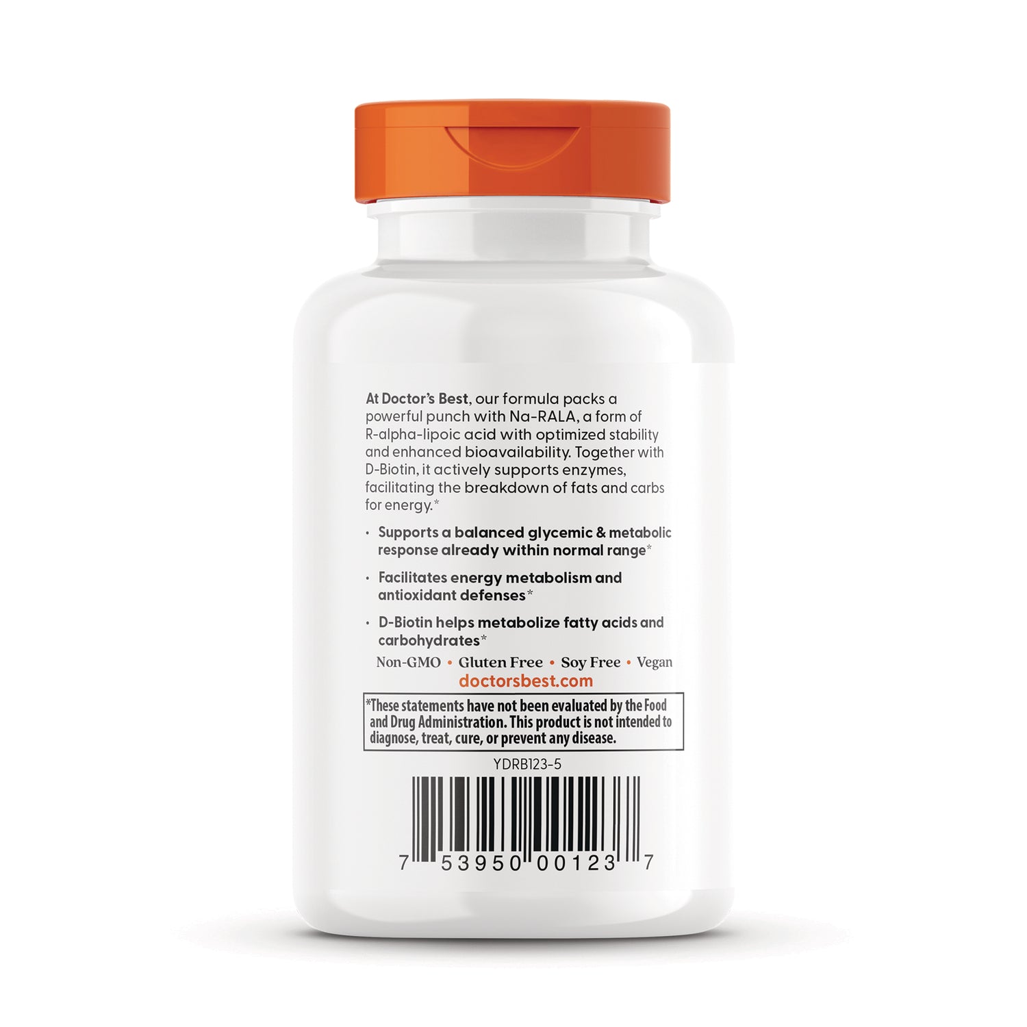DB098 | back label of white supplement bottle with orange cap showing product information, bullet points, and barcode
