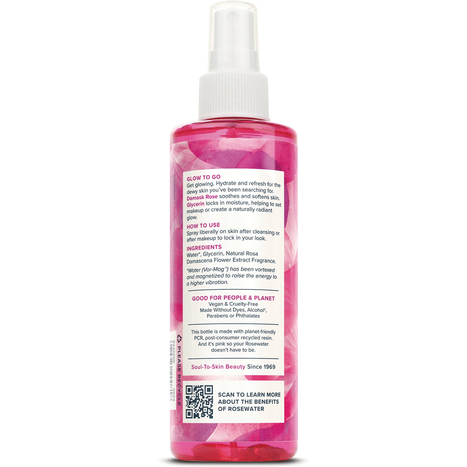 HTG040 | Back label of pink rosewater spray bottle showing ingredients, directions, and QR code