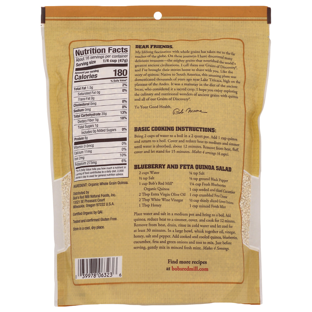 BOB277 | Back of quinoa package showing nutrition facts, ingredients, cooking instructions and recipe - Thumbnail