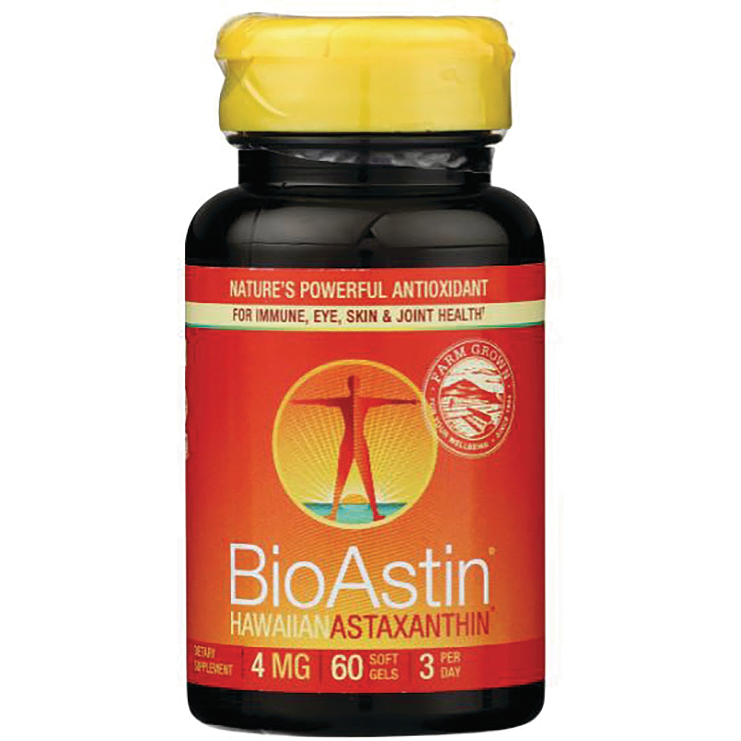 NUT001 | BioAstin Hawaiian Astaxanthin supplement bottle front label, 4 mg, 60 softgels