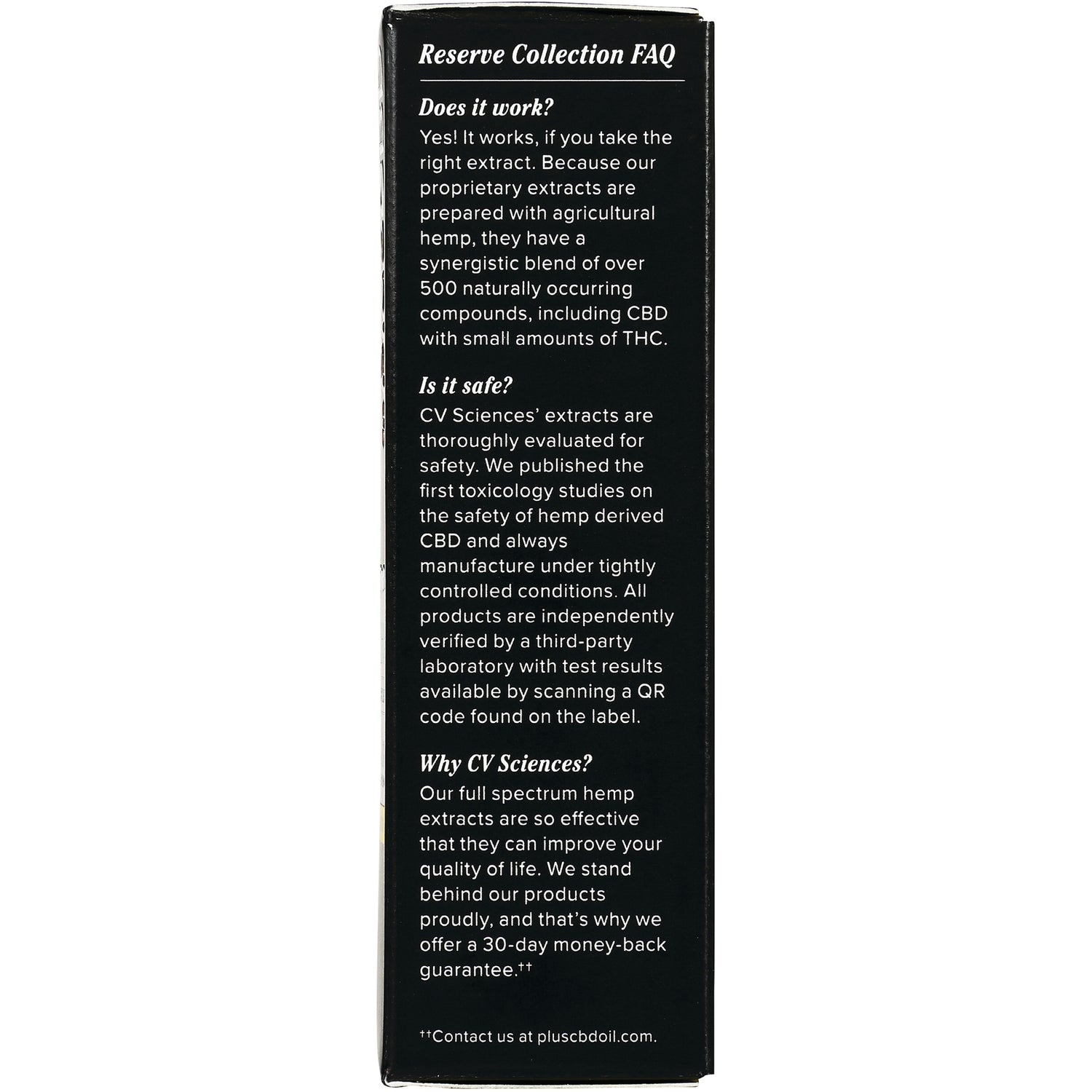 CV045 | Reserve Collection FAQ side panel listing questions about effectiveness, safety, and brand information