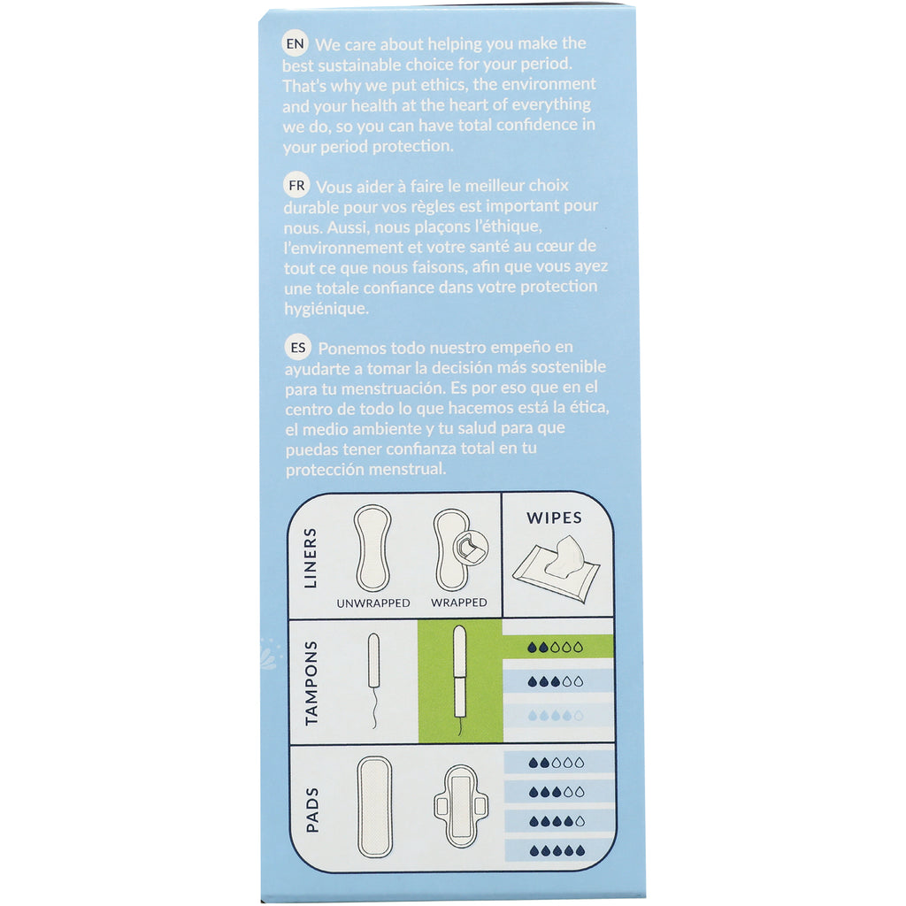 NCR004 | product infographic with English/French/Spanish sustainability text and diagrams of liners, tampons, pads, and wipes with absorbency icons - Thumbnail